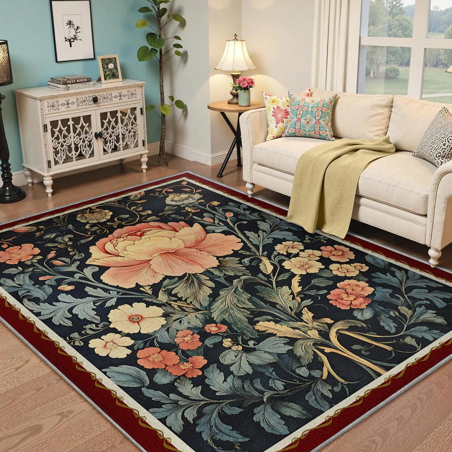 Paillasson floral de luxe lavable grand tapis aux roses anciennes