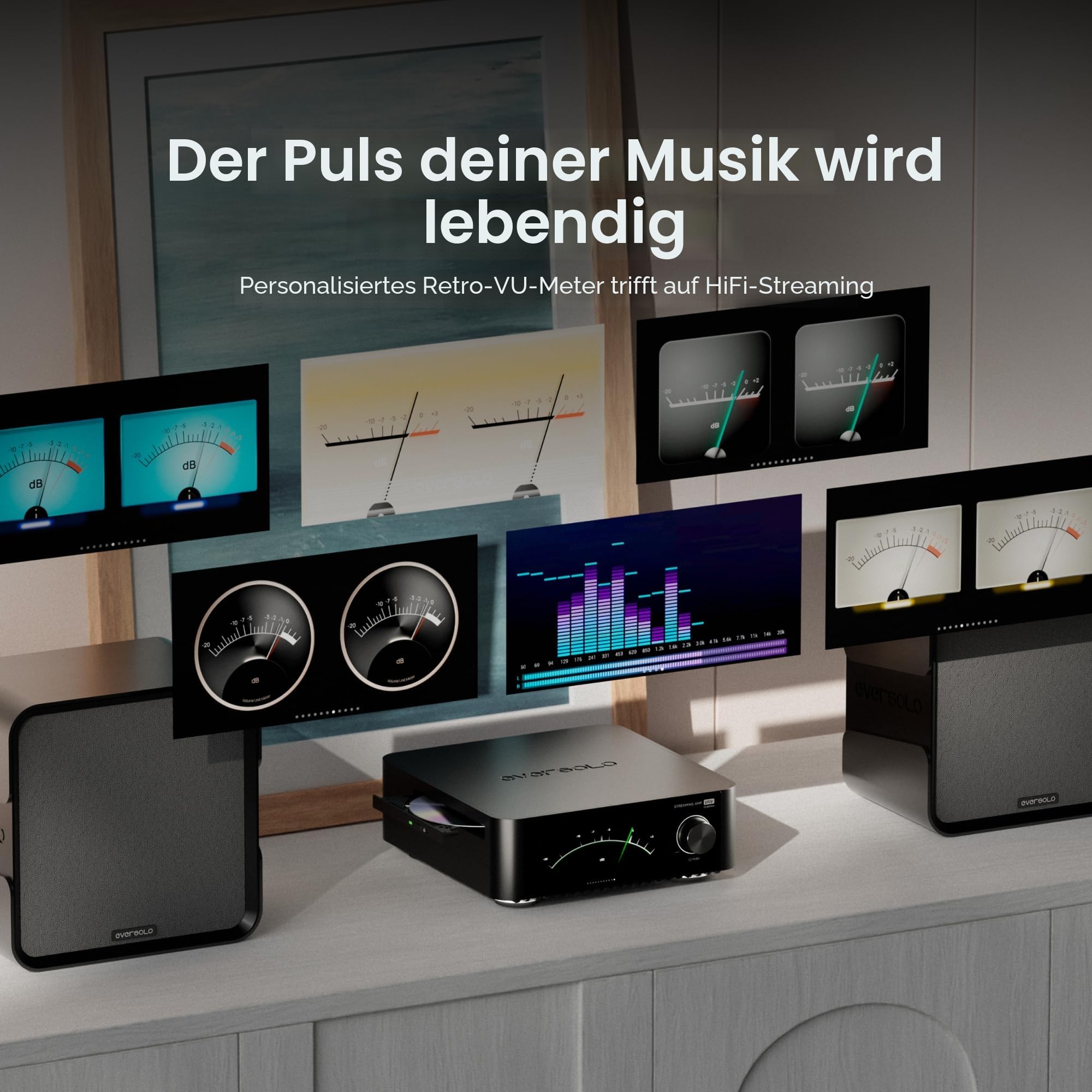 EVERSOLO Play All-in-One Musik-Streamer mit Verstärker | 5,5-Zoll-Touchscreen, unterstützt Multi Room & Room Correction, Stream Tidal, Qobuz, Amazon Music & More | Schwarz (CD Edition)