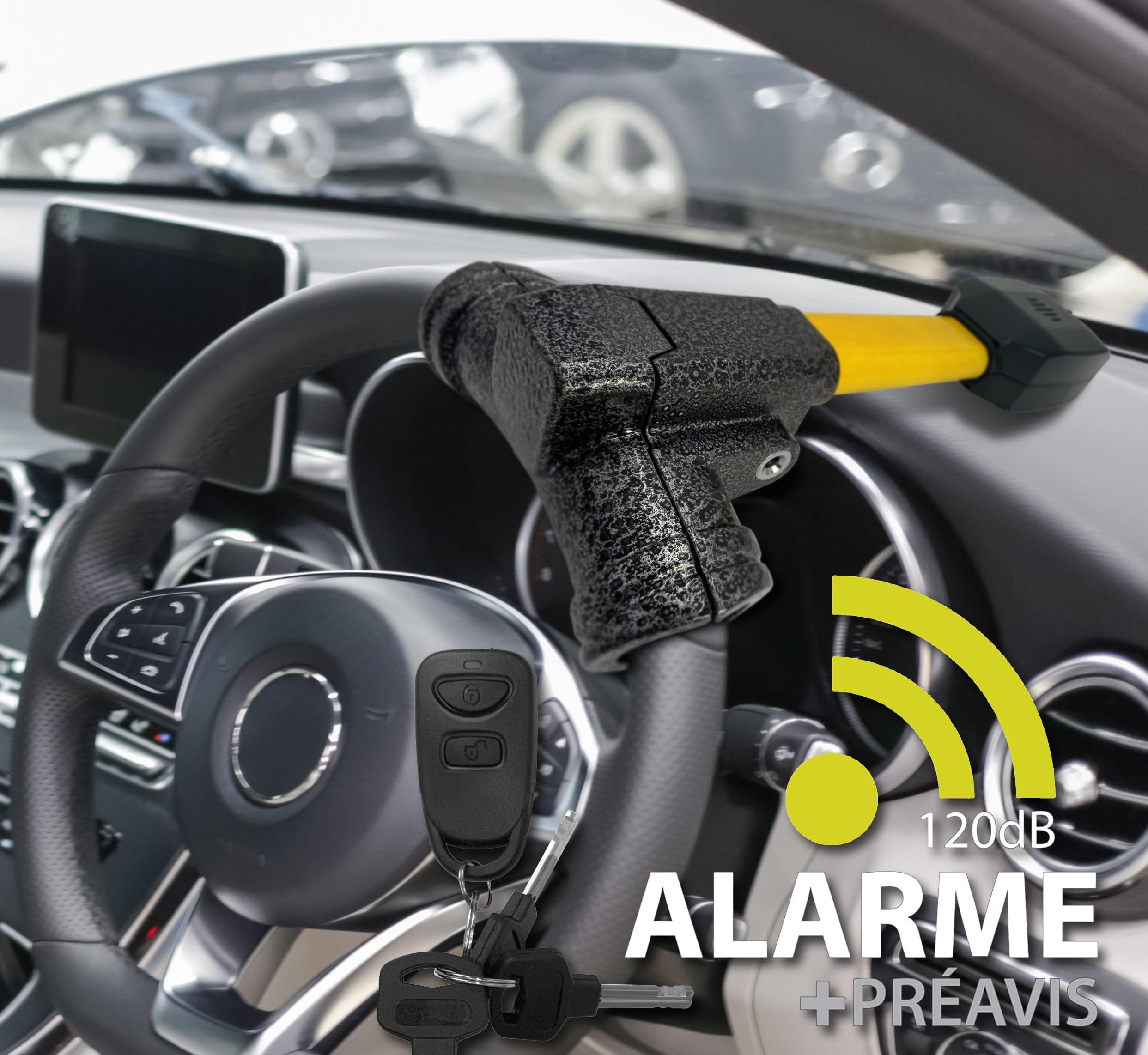 Antivol Voiture Haut de Gamme, Canne Antivol Voiture 2en1 Sans/Avec Alarme 120dB, Bloque Volant Plus Sûr et Dissuasif Autour d'un Rayon, Meilleur Barre Bloc Anti Vol Auto Camping-Car
