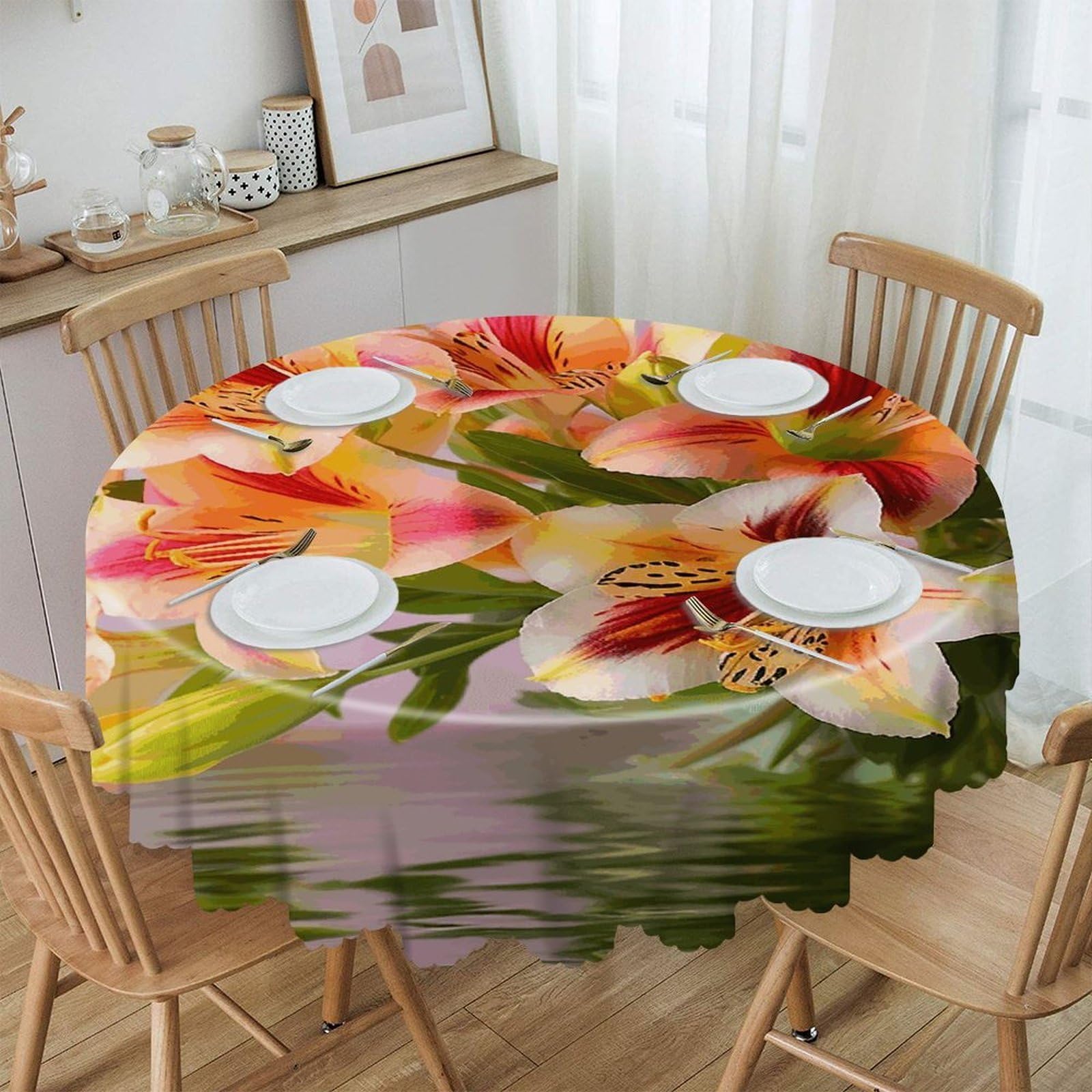 VstaDank Alstroemeria Round Tablecloth 60 Inch Easy to Clean Circle Table Cover Thick Decorative Round Polyester Table Cloth for Dining Kitchen Party Farmhouse Outdoor