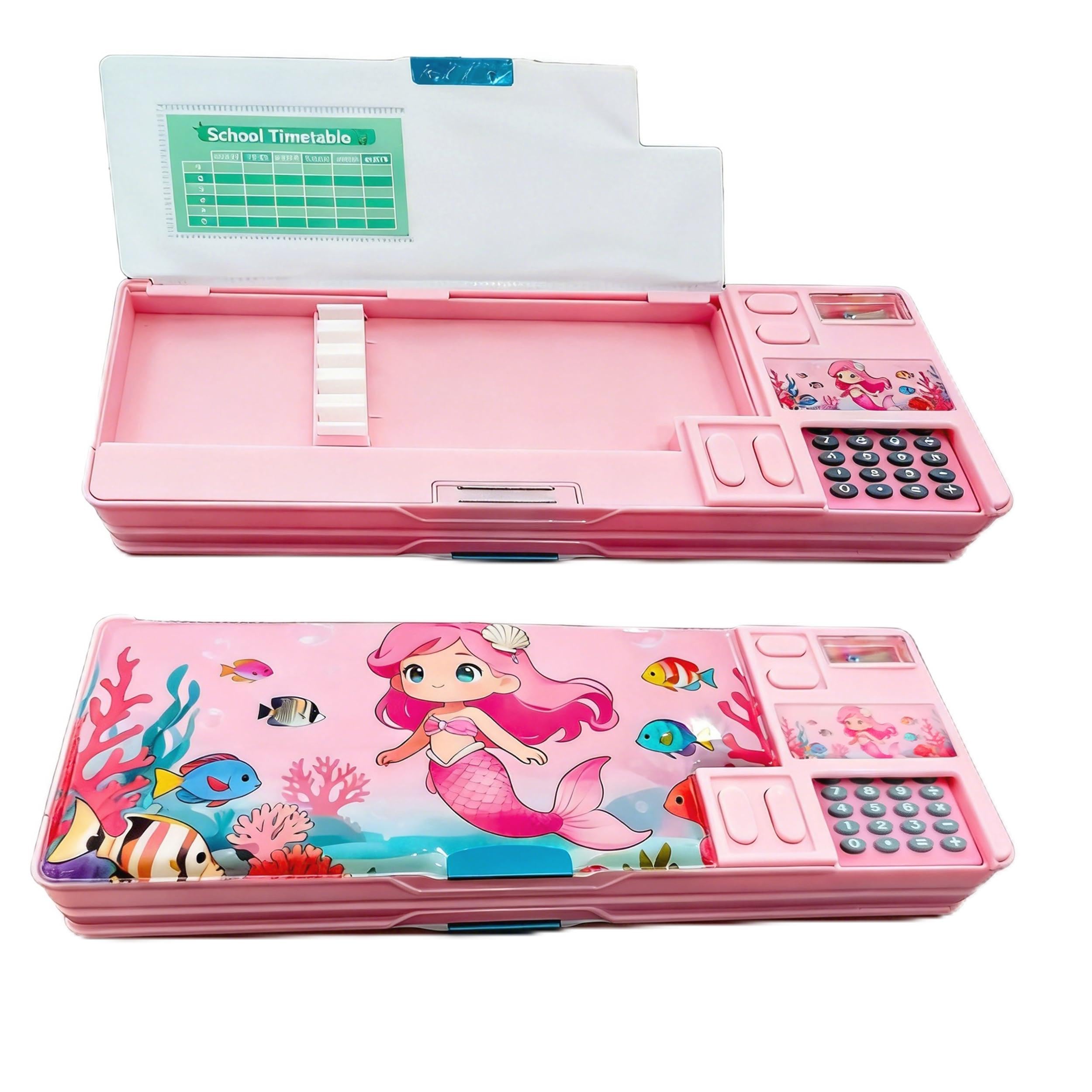 Ristpal Pop Up Multifunction Pencil Case for Boys and Girls with Calculator, Sharpener, Cute School Supplies Pencil Box, Stationery Organizer, Best Gift Birthday Present for Kids (Pink Mermaid)