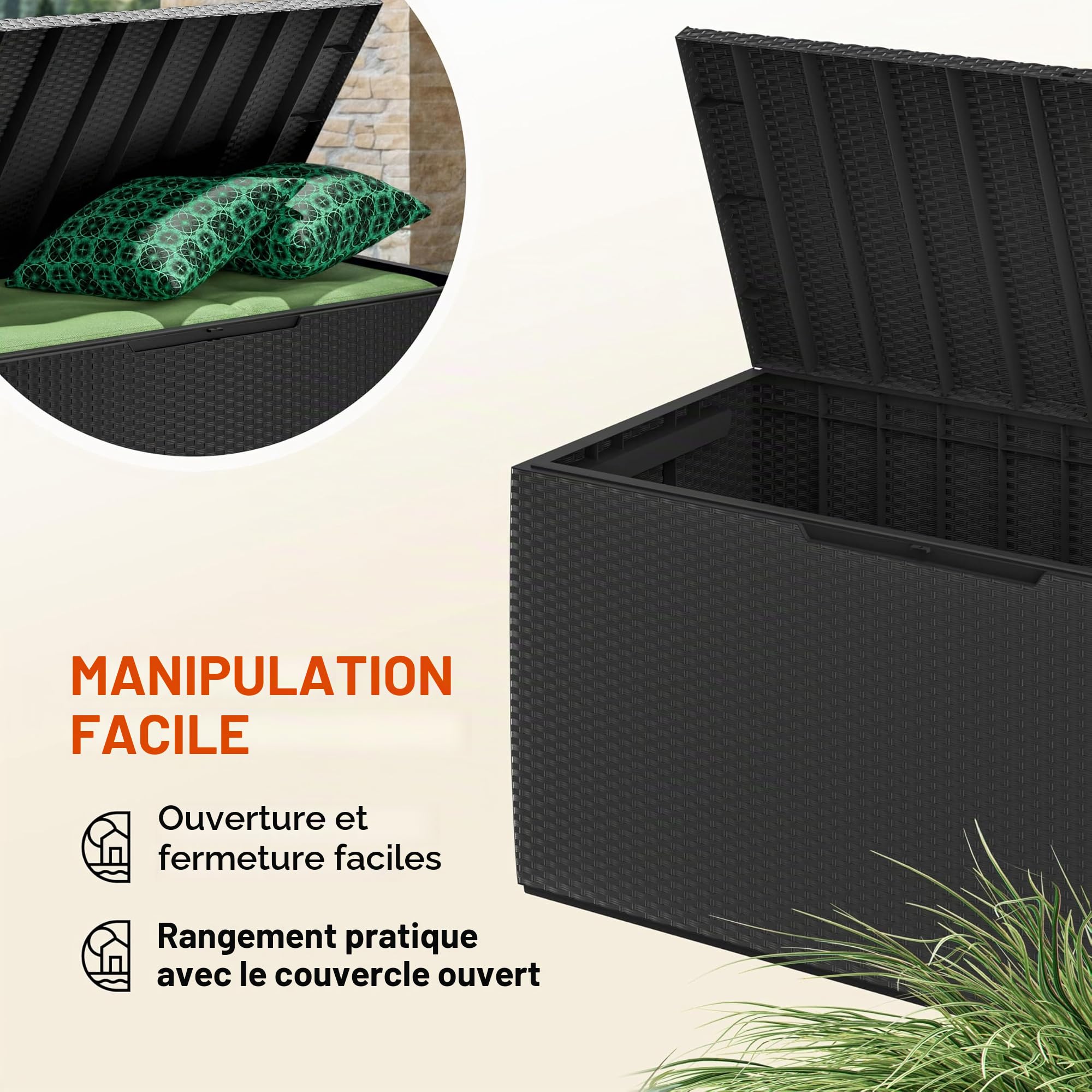 Deuba® Coffre de rangement jardin 310L Anthracite aspect rotin – Résistant UV avec roulettes et poignées – Coffre extérieur pour coussins, balcon, terrasse, véranda 123x53 cm
