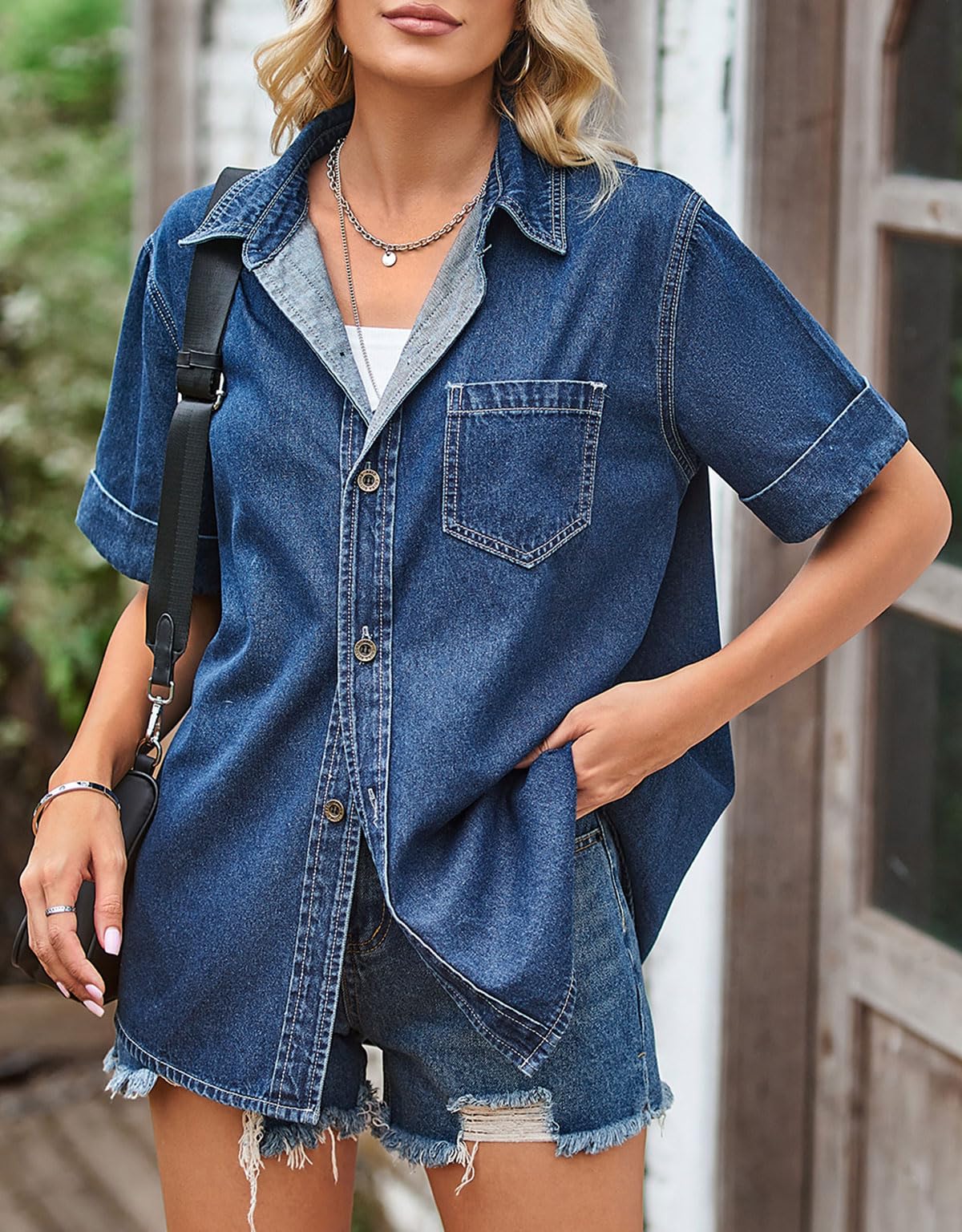 KOOSUFA Damen Jeansbluse Kurzarm Jeanshemd Sommer Denim Bluse Umlegekragen Lässig Blusenshirt Hemdbluse mit Knopfleiste&Brusttasche S M L XL