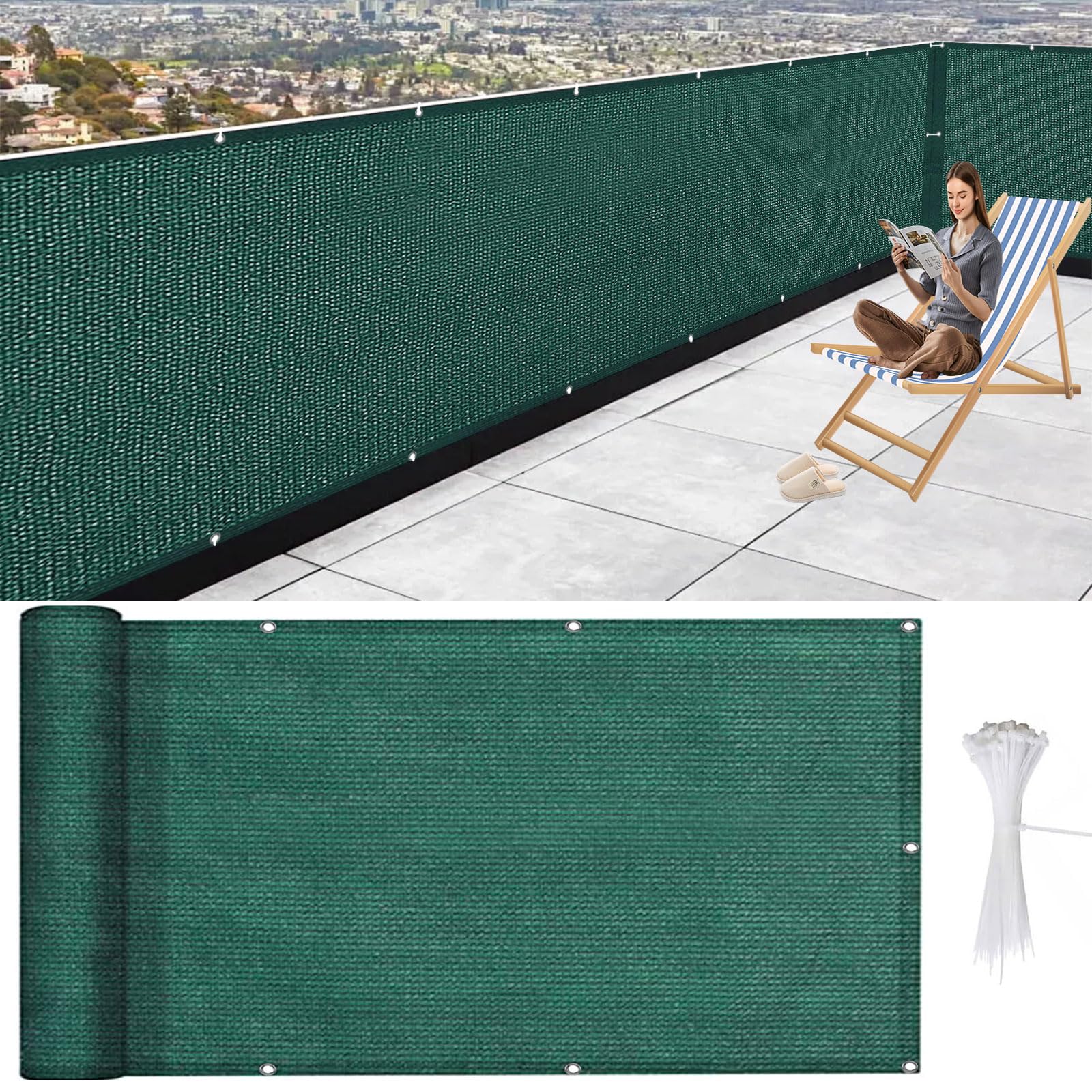 Pantalla Privacidad Balcón 120 x 620 cm Hdpe, Protección UV, Resistente Al Viento Malla Sombreo con Ataduras de Cables Protección de Privacidad para Jardín Exterior, Verde Oscuro