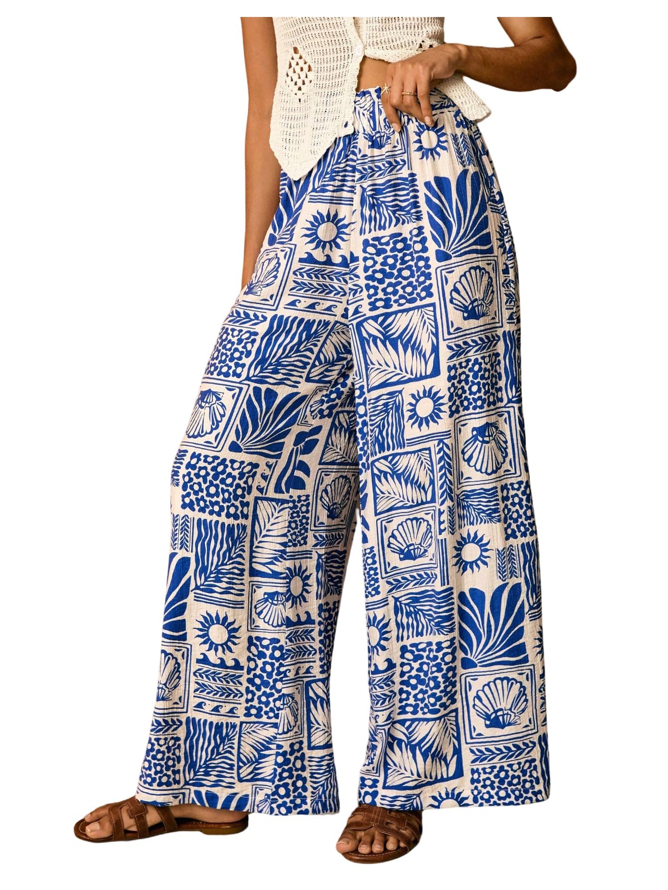WDIRARA Womens Boho Tropical Graphic Palazzo Pants Elastic High Waisted Wide Leg Pants