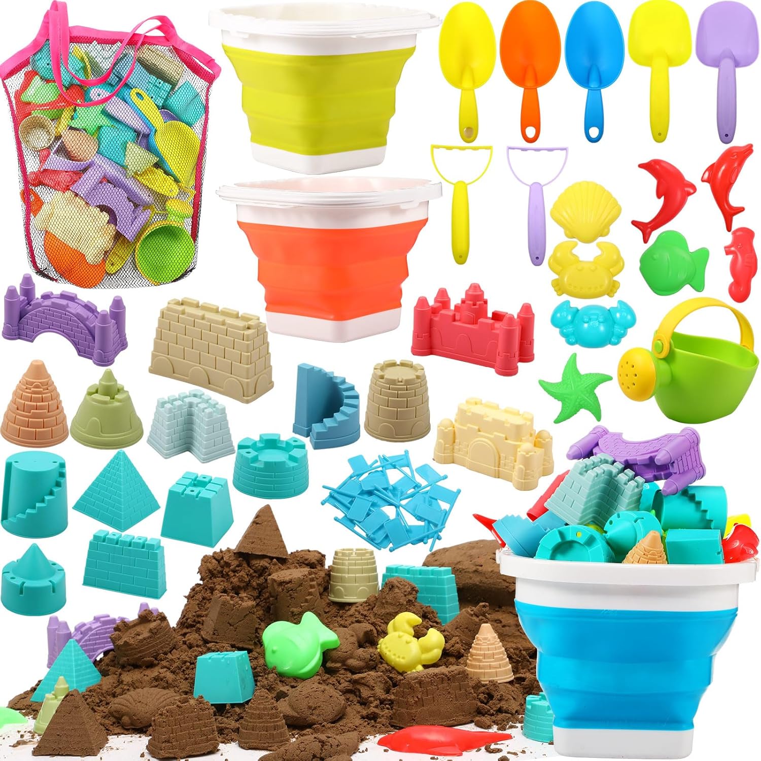 82 Pcs Beach Toys Sand Toys for Girls Boys, Travel Beach Toys with 3 Collapsible Beach Buckets, Shovels, Castle Building Kit, Mesh Bag, Molds, Sand Rake Toys, Flags for Boys and Girls
