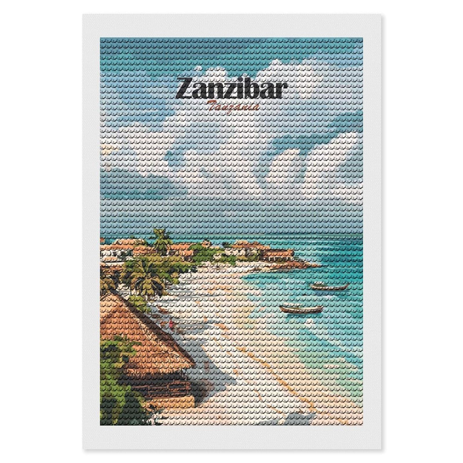 Junmoney Zanzibar Beach Scene Diamond Art Canvas 8"x12", for Adults, Pleasing Wall Art Project, Modern Decor, Gift Idea, Nice Detail and Sparkle