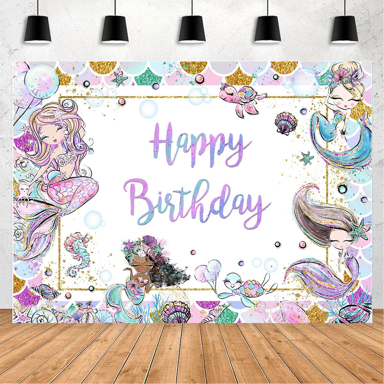 MAYSSKQ Mermaid Birthday Backdrop Glitter Purple Teal Mermaid Tail Birthday Background Little Mermaid Princess Shell Birthday Backdrops Supplies