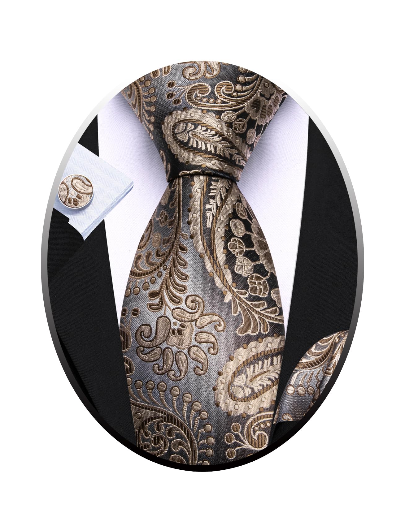 Barry.Wang Men Tie Sets Paisley Silk Necktie Pocket Square Cufflinks