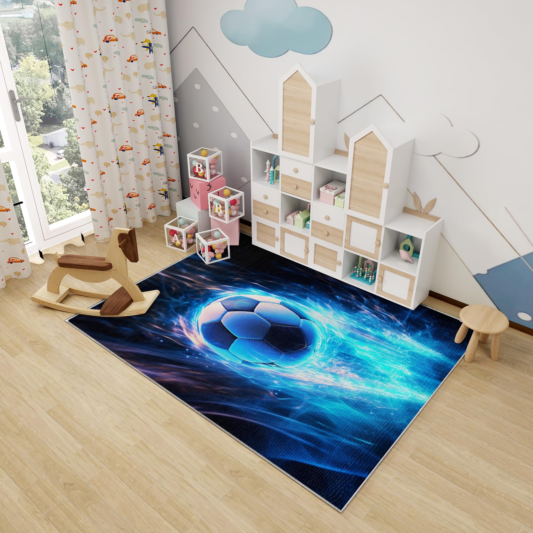 Teppich Fußball Kinderzimmer - Teppich Wohnzimmer Schlafzimmer Jungen Sportmotiv, Kleiner Teppich Kinder Fussball, Weich Kurzflor & Waschbar & Rutschfest Fussmatte Innen, Kinderteppich 80x150 cm
