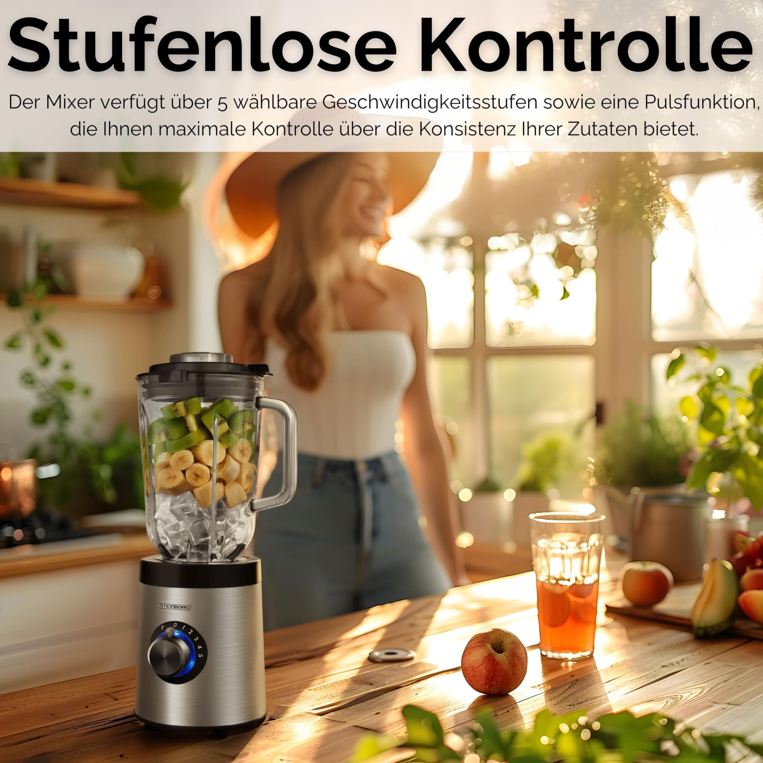 Standmixer 800 Watt 6-Fach Metallmesser 1,5 Liter 5 Stufen Glas Edelstahl Pulsfunktion Universal Power Mixer Eiweiß Shaker Hand Blender Ice Crusher Zerkleinerer Smoothie Maker Stand Mixer