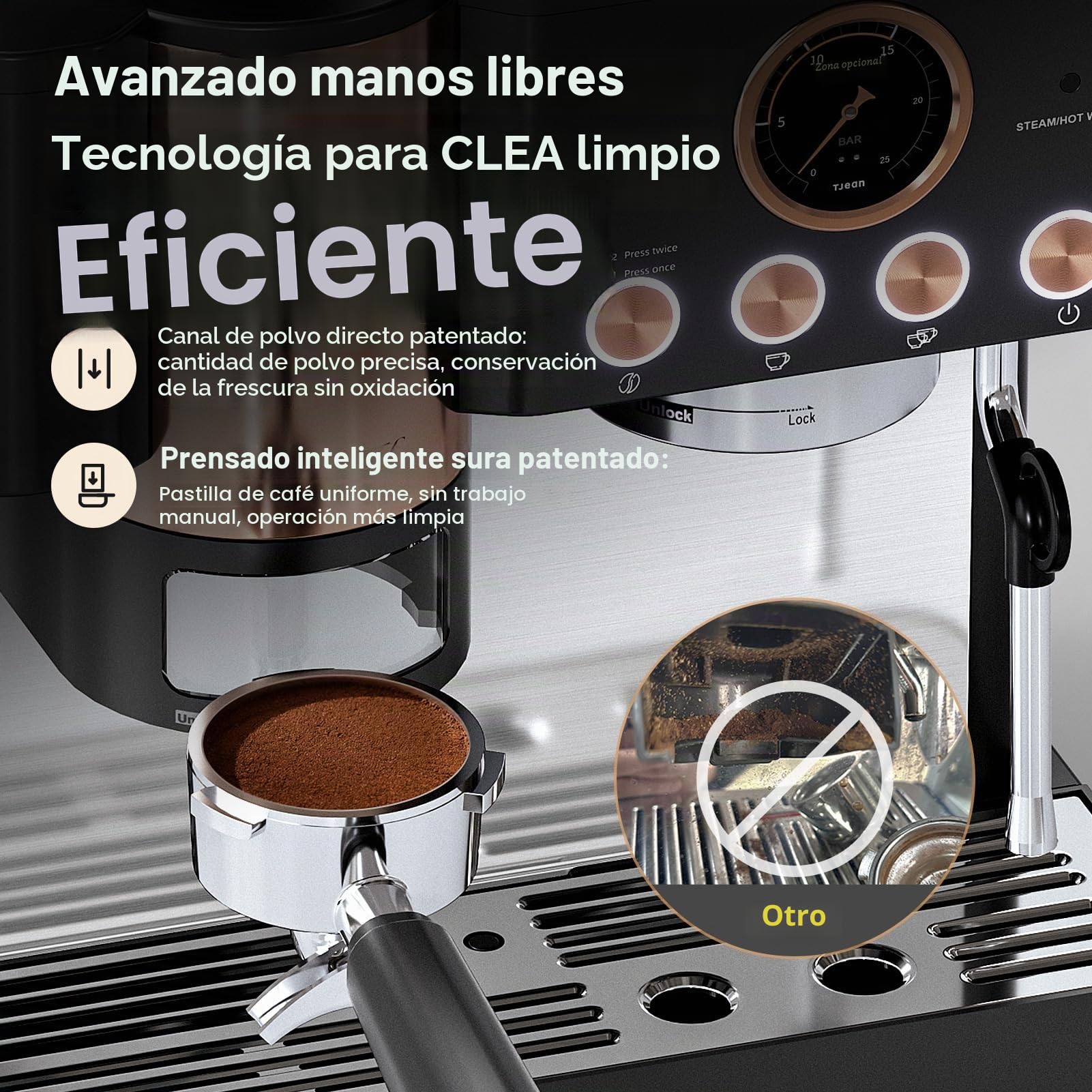 TJEAN Barista Senso – Cafetera Doble Bomba para Café en Grano con Molinillo Integrado, Espresso, Latte y Capuchino con Sistema de Tampado Inteligente, Espumador de Leche Manual (Negro Rosa)