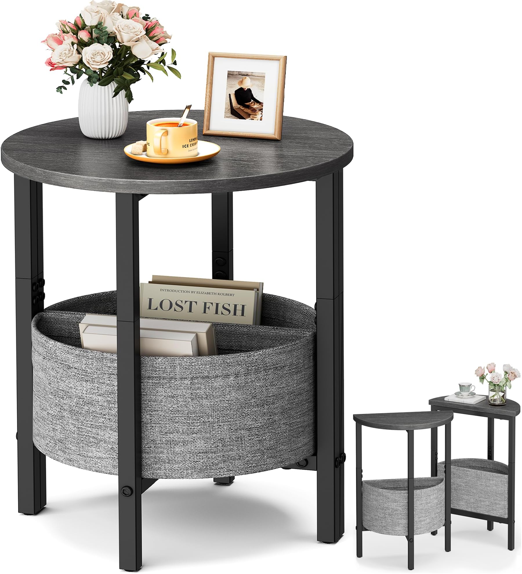 Vagusicc Small Round Side Table End Table, Tall Accent Table with Storage Basket, Set of 2 Half Round Table Half Moon Tables, Coffee Bedside Table Modern Nightstand for Living Room Bedroom Gray Walnut