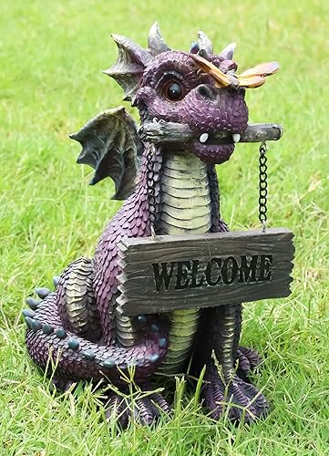 Miniatura 2 de Ebros Gift Fantástico dragón de jardín cómico morado con mariposa amarilla mordiendo tablón de bienvenida figura lindo bebé Drake Calabozos y