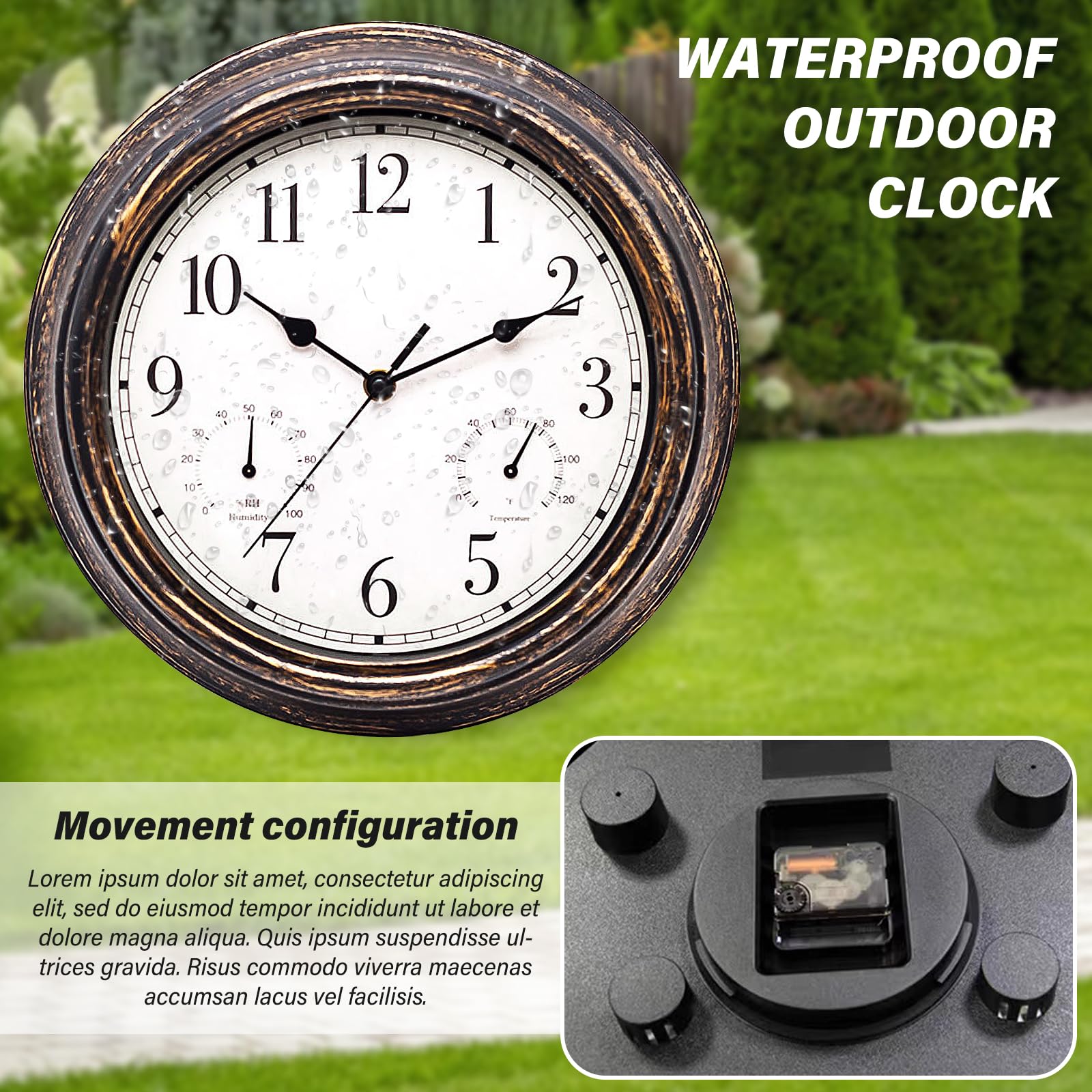SUNOYA Orologio da giardino, resistente alle intemperie, impermeabile, 30 cm, con termometro e igrometro, per esterni, stile retrò, per bagno, giardino, cucina, veranda, senza ticchettio