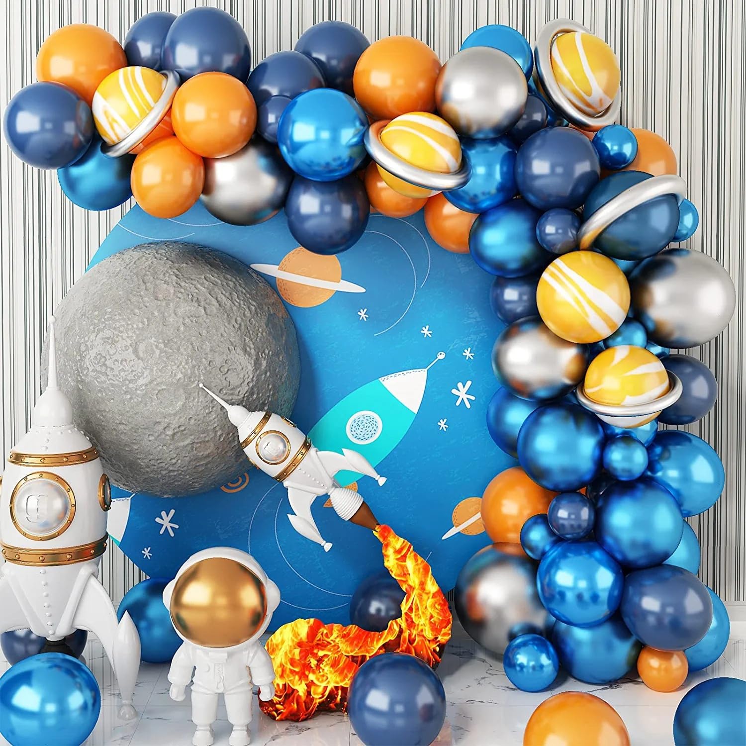 Yamibobo Space Balloon Garland Arch Kit, Outer Space Birthday Decorations with Navy Blue Cream Gray Latex Galaxy Balloon for Boy Space Astronaut Themed Birthday Party Decorations