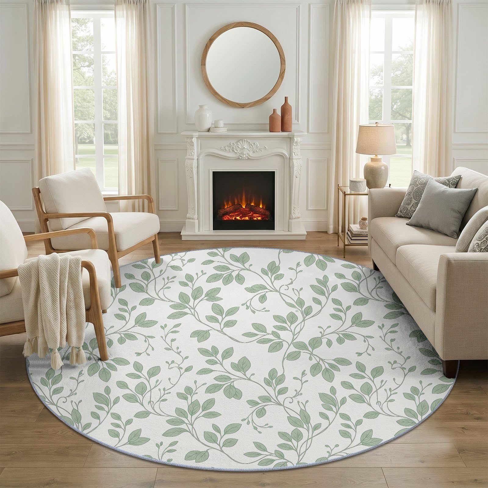 Campagne Minimaliste Tapis Salon 160 cm Feuilles Feuillage Vigne Botanique Vert Blanc Rond Lavable en Machine | Chambre Rugs, Descente de Lit Carpets, AntidéRapant, Chambre Carpet, Doux Poil Ras
