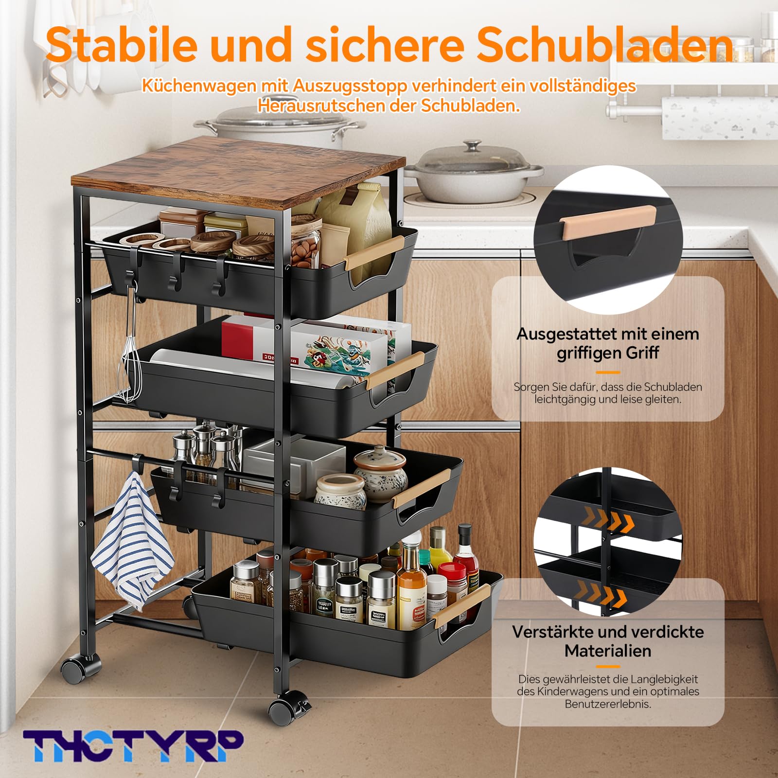 Küchenwagen mit 5 Ebenen & 4 Schubladen, Mit Holzplatte & Belüfteten Körben, 360° Rollen mit 2 Bremsen, Zur Aufbewahrung von Obst, Gemüse, Mikrowelle in Küche & Wohnzimmer (32x38x81.5cm)