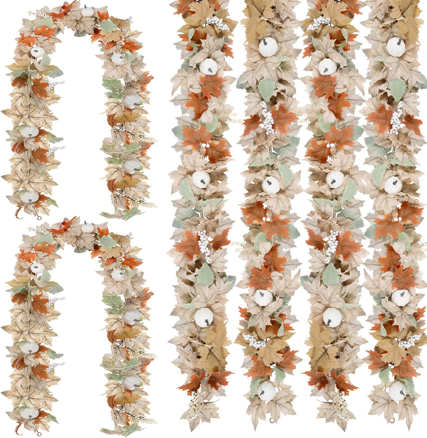 Neutral Fall Garland for Mantle Fireplace - 6 Pack Toatal 54Ft Outdoor Autumn Leaves Decor for Home Front Door with Pumpkins Indoor Maple for Farmhouse Stairs Porch Halloween Thanksgiving Decorations 9Ft 6