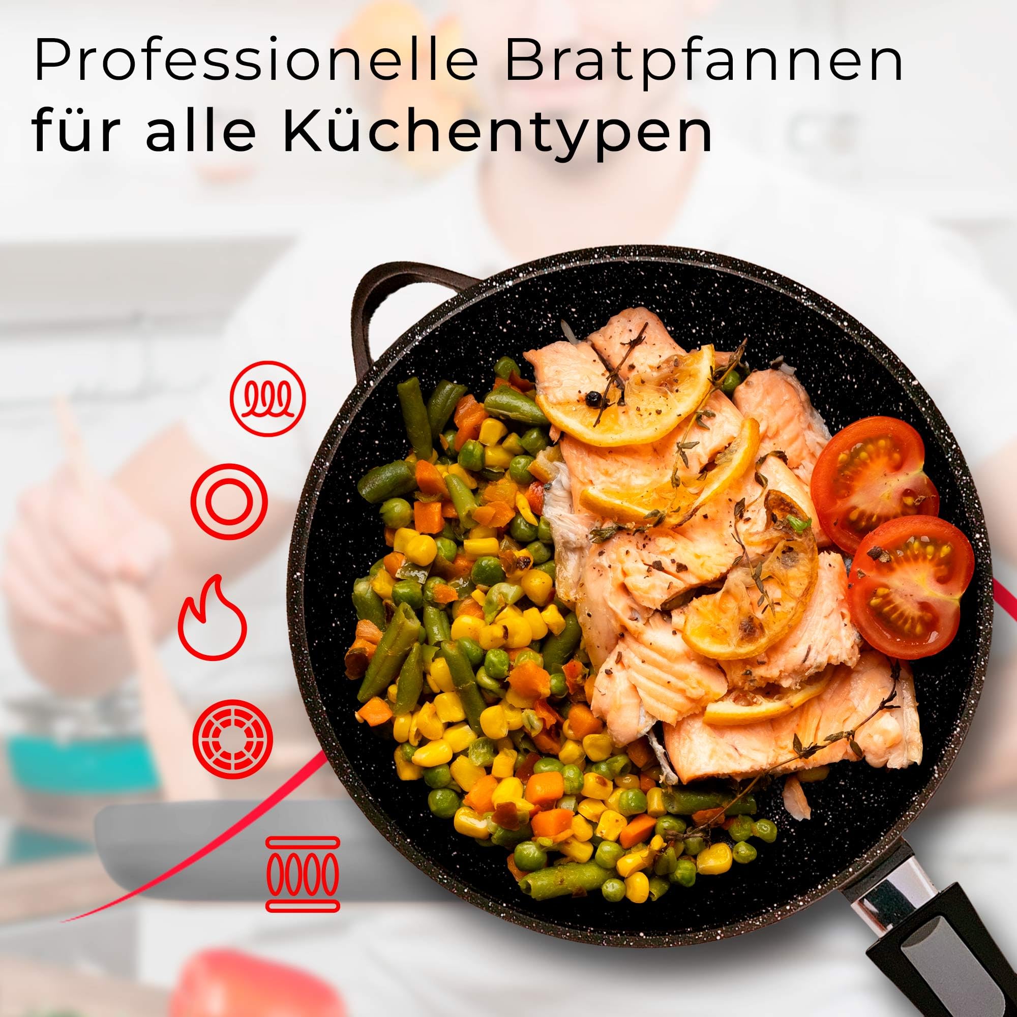 briebe Pfannenset Induktion 2 Abnehmbare Griffe 2-Teilig Pfannen Tiefe 24cm, 28cm mit Glasdeckel Gussaluminium, Antihaft ILAG GRANITEC ohne PFOA, Glaskeramik, Gas, Ofen MGK-19S