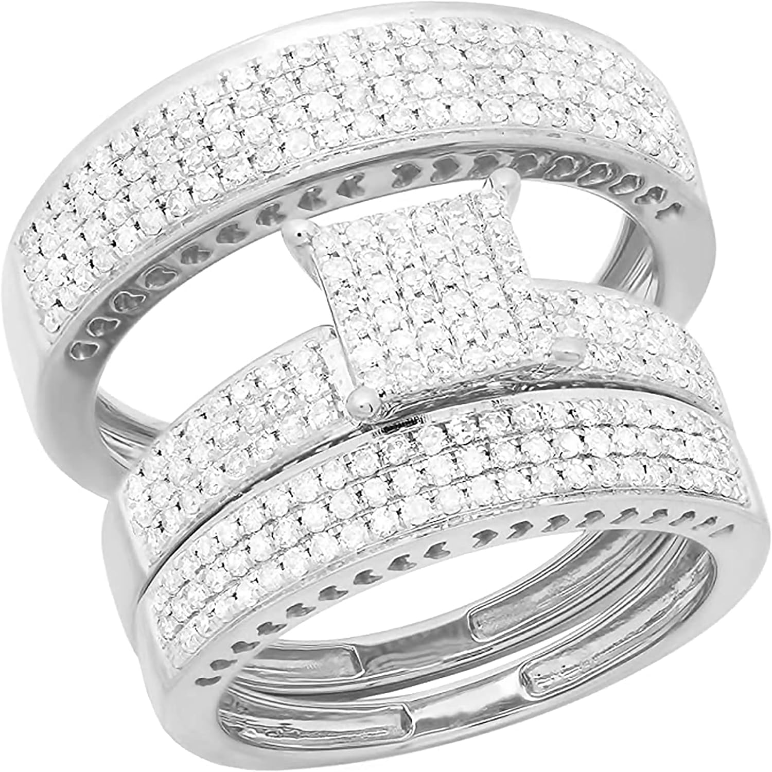 Dazzlingrock Collection Round White Natural Diamond Square Frame Matching Wedding Trio Ring Set for Him & Her (1.10 Ctw) in Real Solid Gold