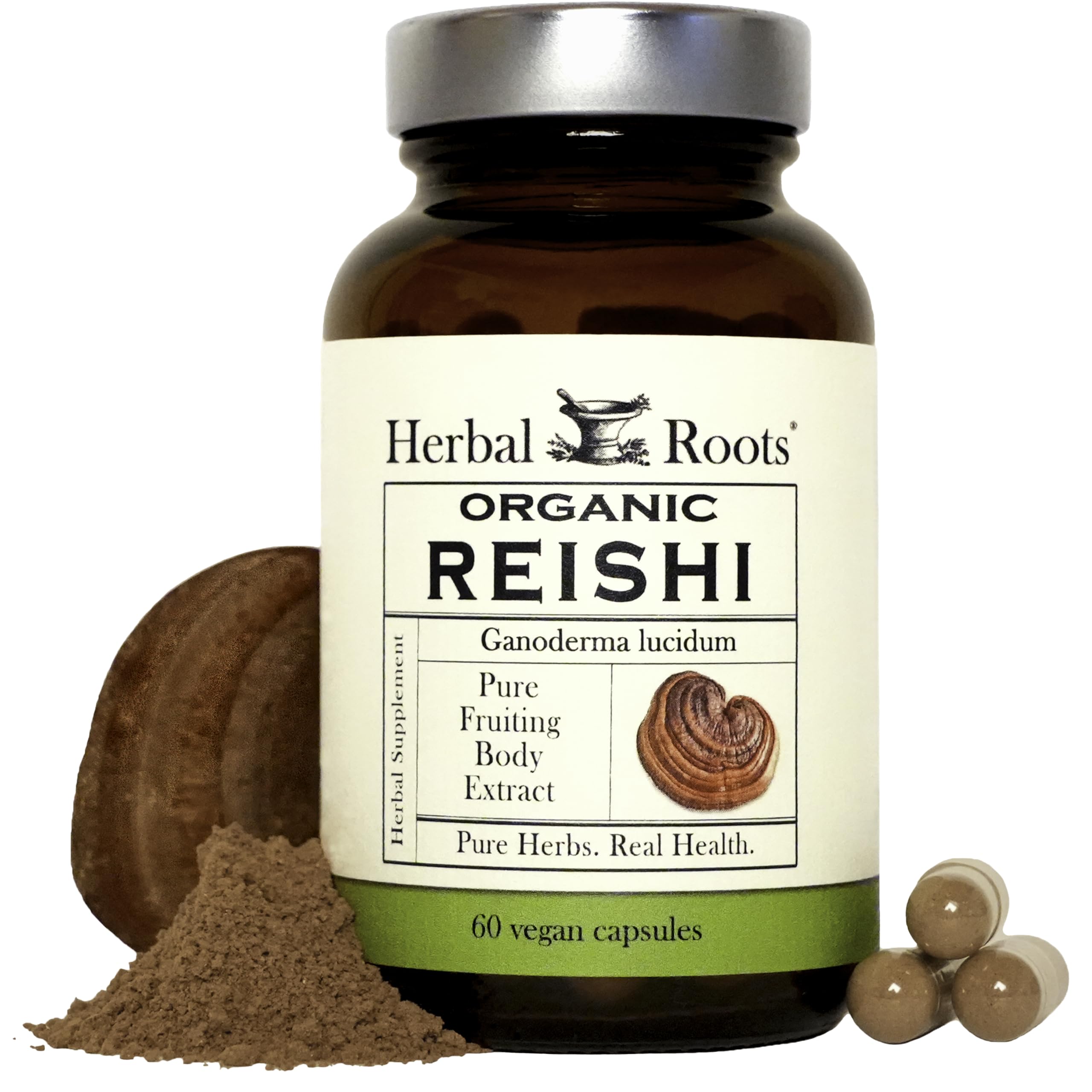 Herbal Roots Organic Reishi Mushroom Capsules - Made with Pure Fruiting Bodies - USDA Certified Organic - Supports Vitality & Cognitive Function - 60 Vegan Caps