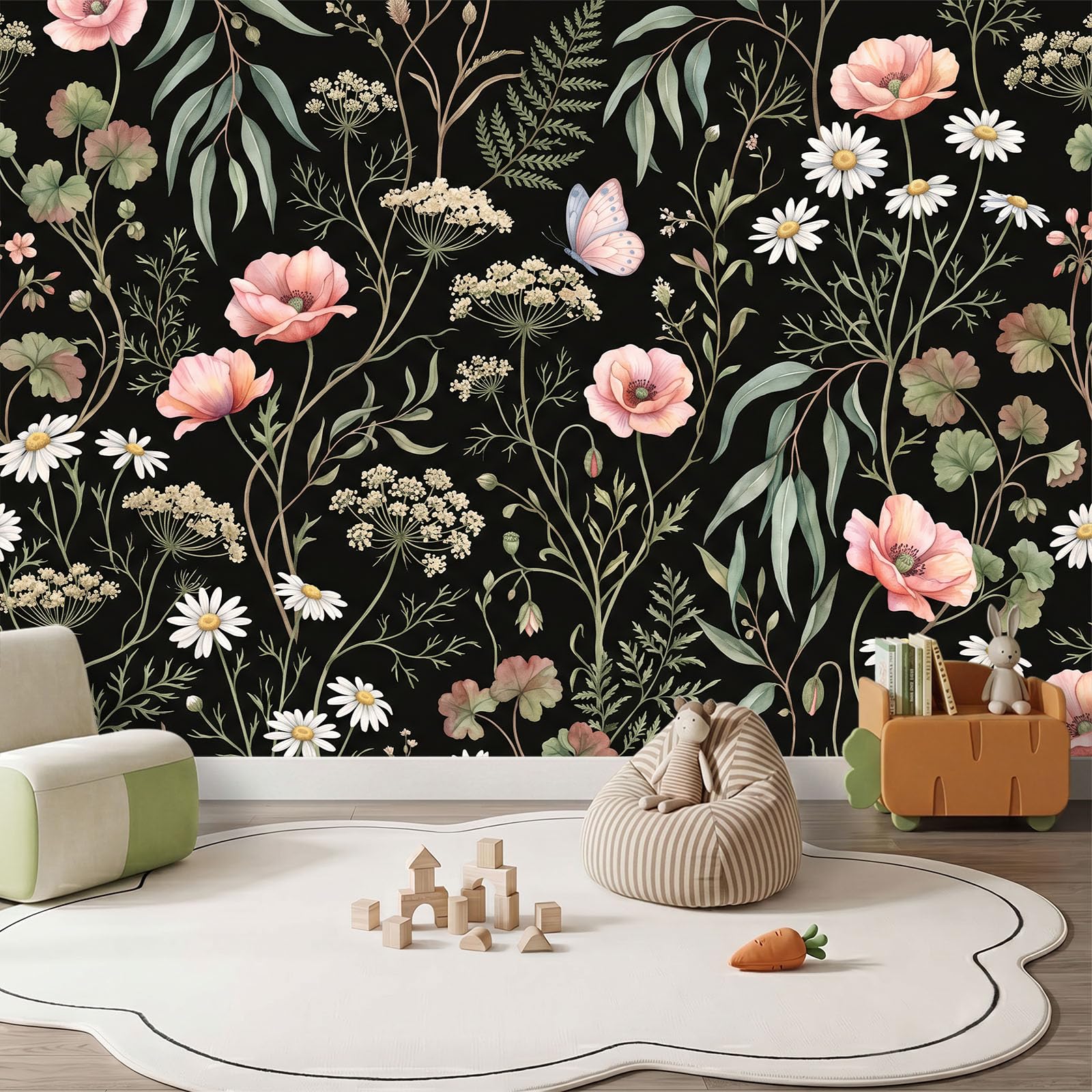 Natur LandhausWald Panorama Fototapete 200 x 140 cm, Mohnblumen Gänseblümchen Eukalyptusblätter Geranien Vlies Tapeten Wandtapete, Schwarz Wandbilder Tapete für Wohnzimmer Schlafzimmer Apartment Flur