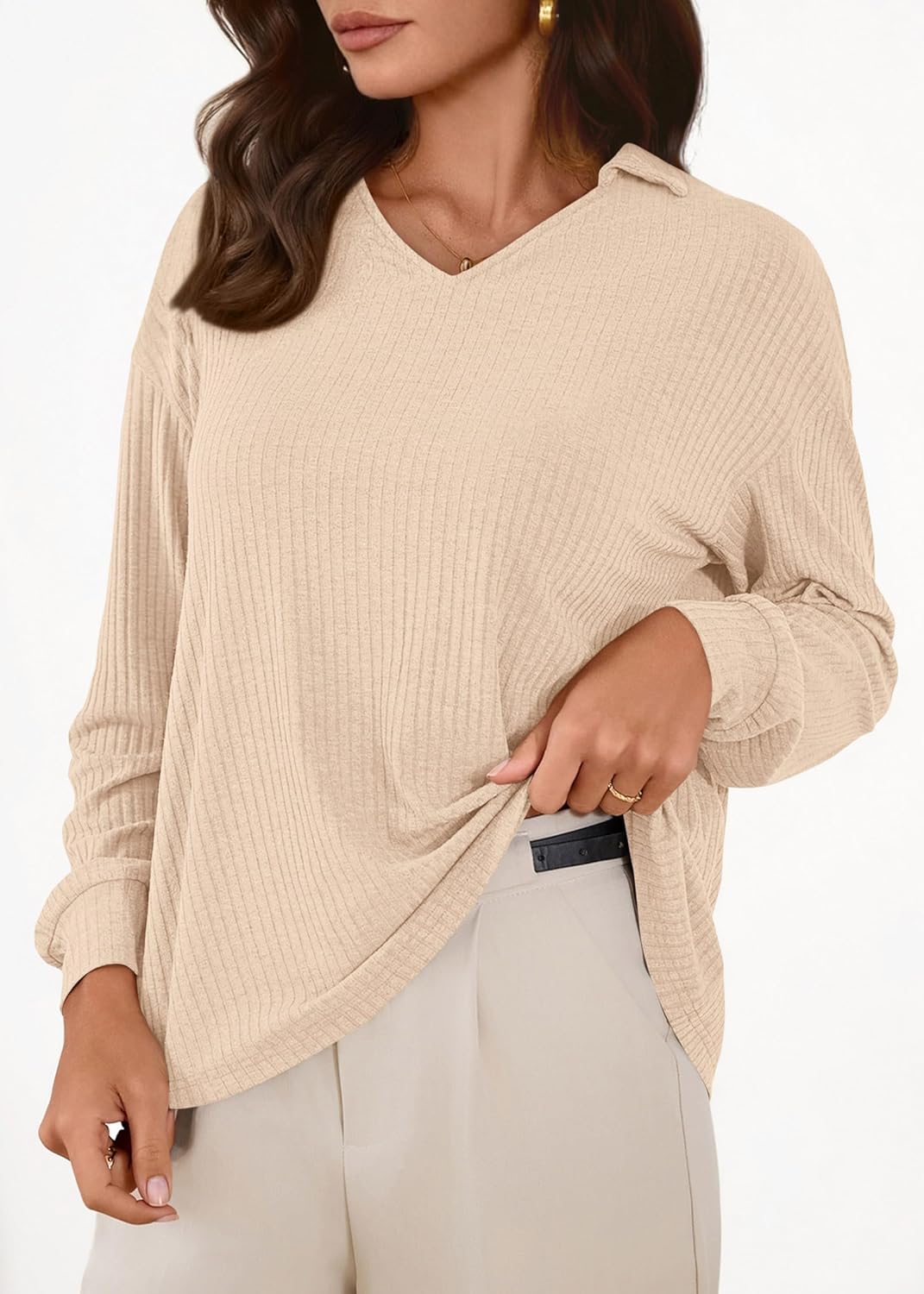 KIRUNDO Long Sleeve Shirts for Women 2025 Fall Fashion Outfits Going Out Tops Collar V Neck Blouses Ribbed Knit Loose Tunic - Image 4