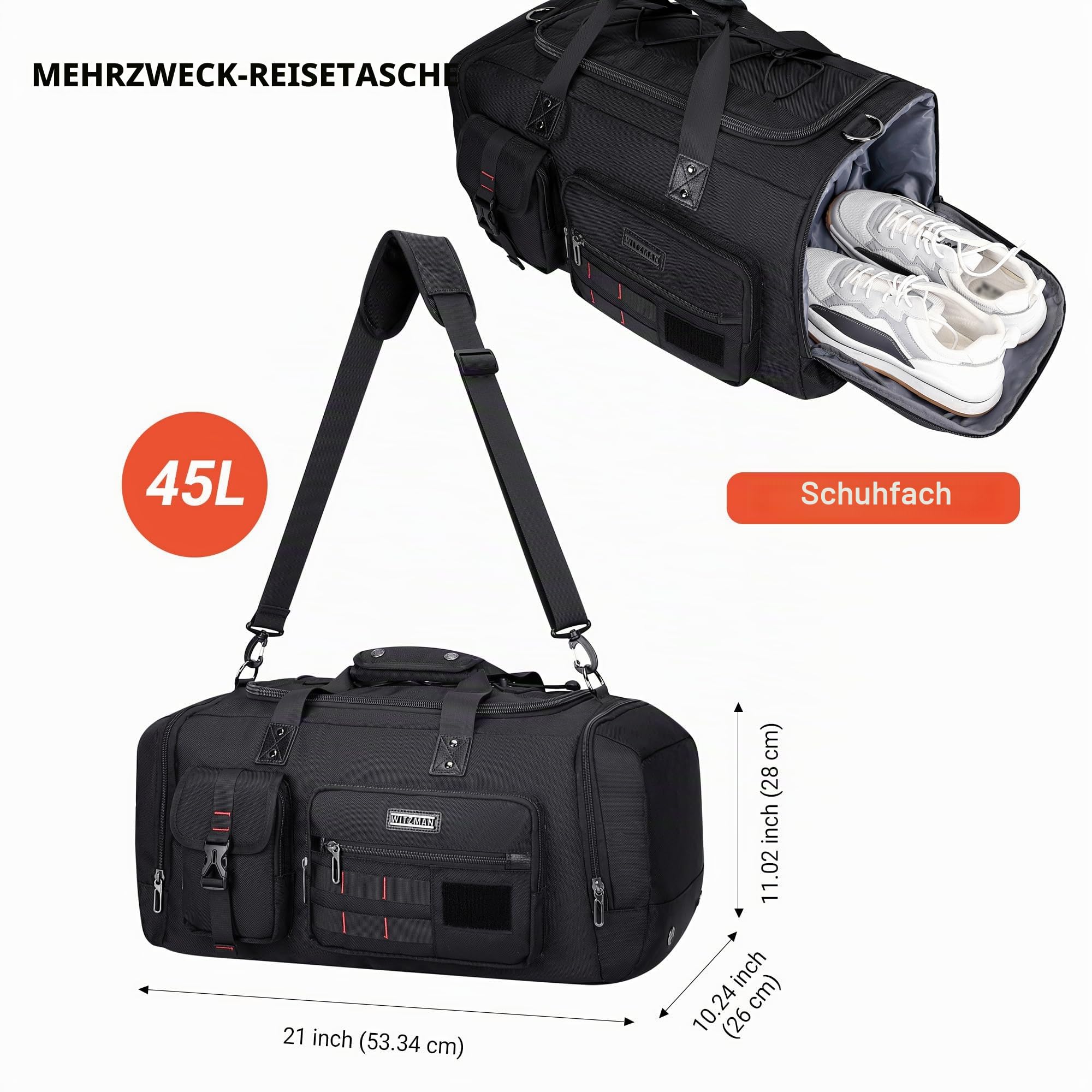 WITZMAN Reisetasche Herren 45L Sporttasche groß mit Schuhfach Duffle Bag 3 in 1 Travel Gym Trainingstasche Herren Damen（B693 Schwarz