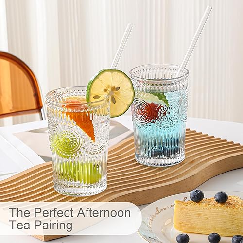 Miniatura 7 de Juego de 6 vasos de vidrio vintage para beber, vasos de agua de vidrio con textura transparente con diseño de flores, vasos de agua a rayas en