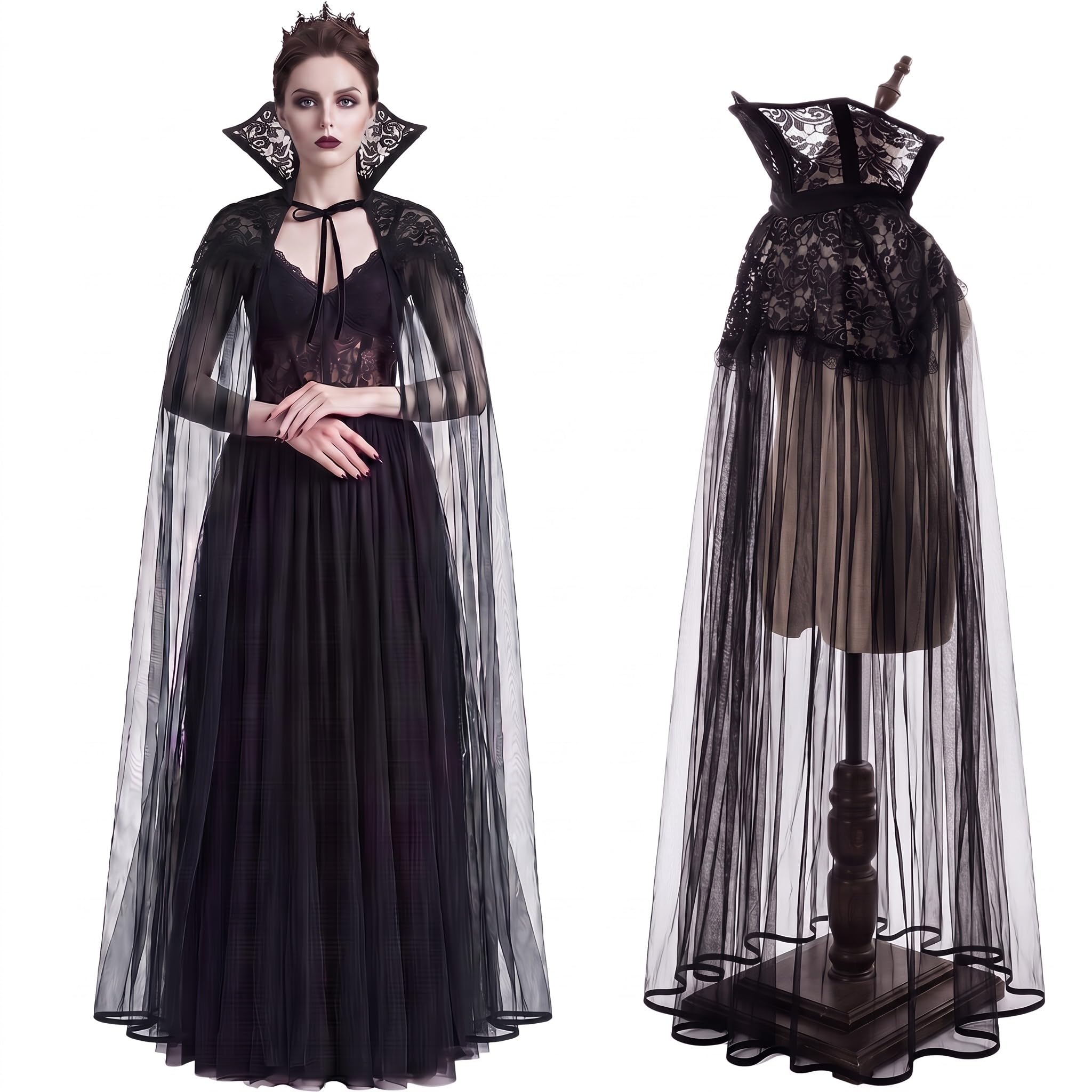 Halloween Gothic Black Vampire Cape Stand-up Lace Collar Long Tulle Cloak