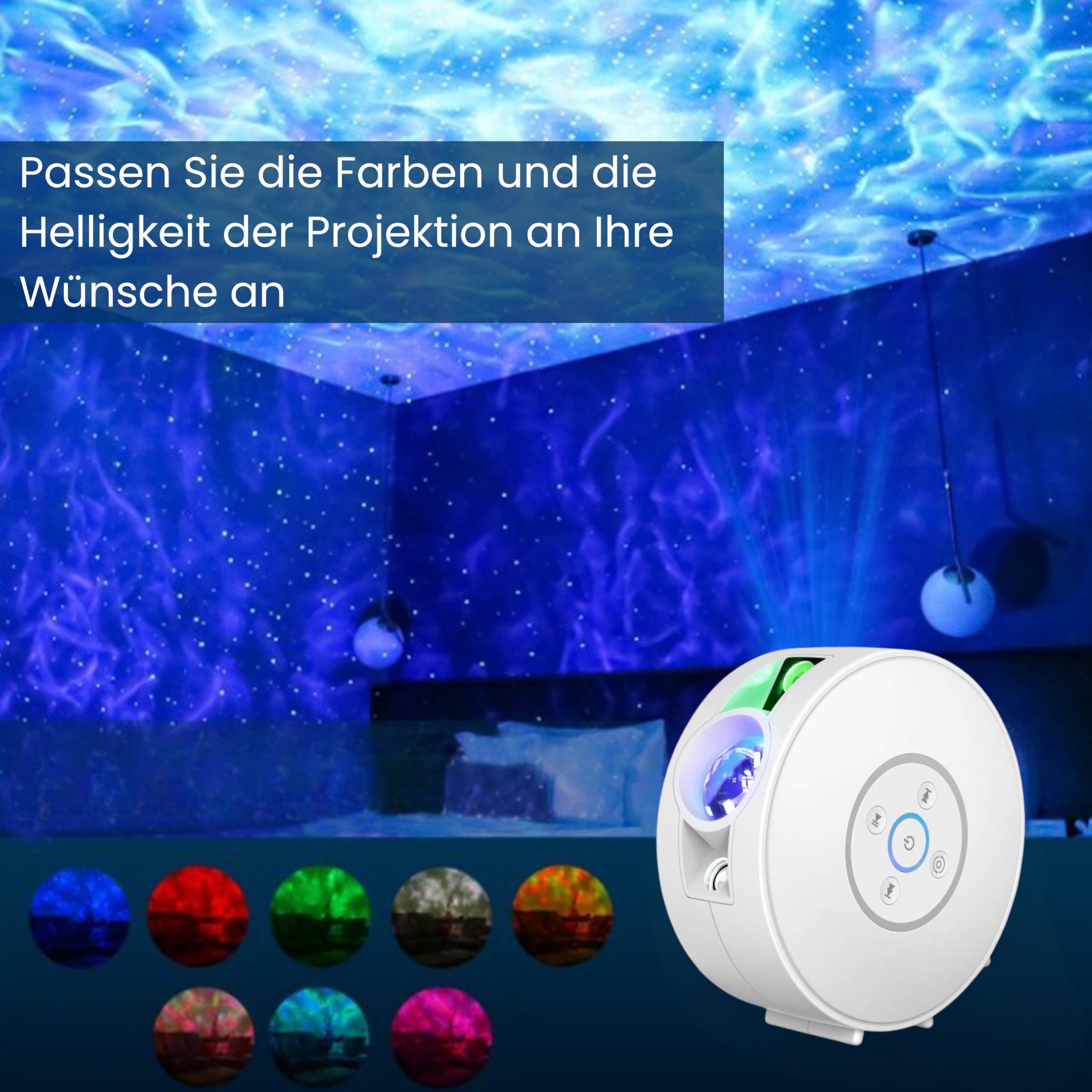LED Projektor S4 mit Bluetooth Lautsprecher | Austauschbare Projektionseinleger für vielfältige Projektionen; Steuerung bequem per Smartphone App möglich