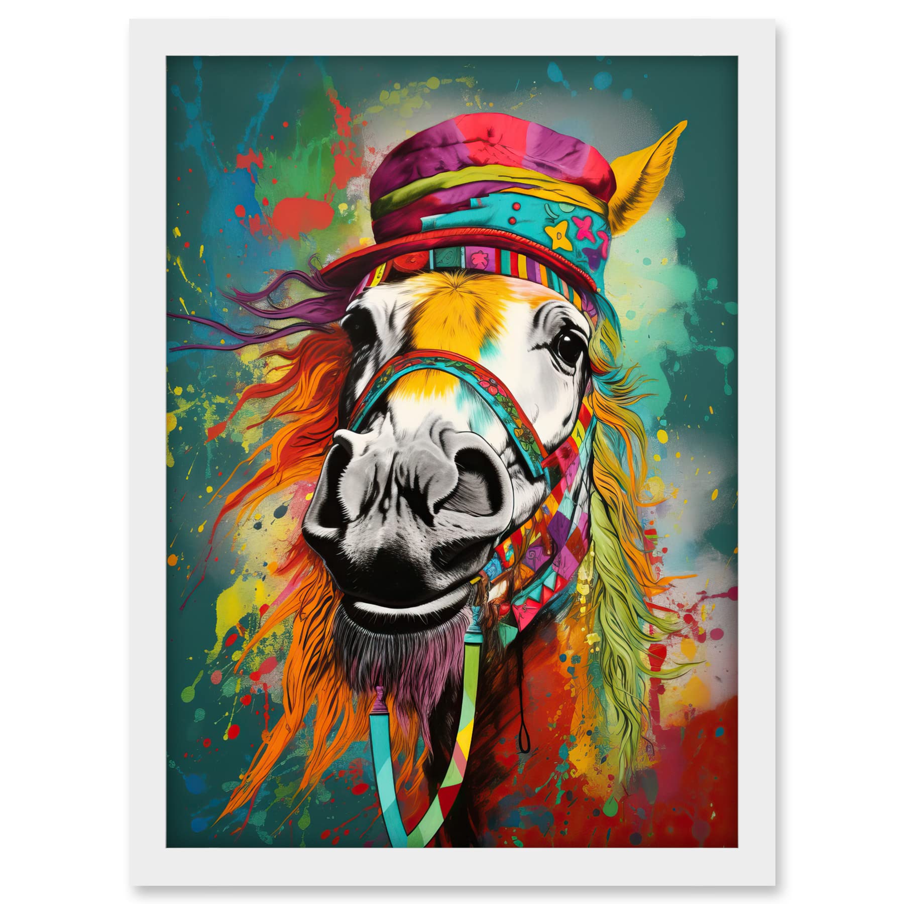 Artery8 Hippie Horse with Multicoloured Hat and Bridles Artwork Framed A3 Wall Art Print