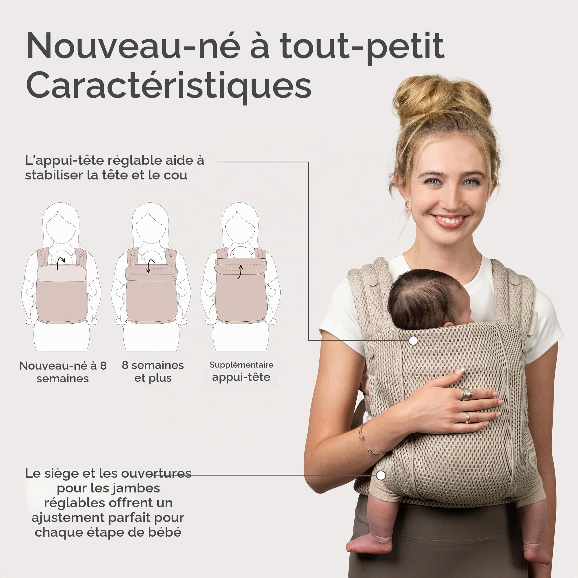Infantino Honey Blossom Porte-Bébé Ergonomique Maille Respirante, 3,2–18,1 kg, Position en M, Assise Réglable, Moon Beam