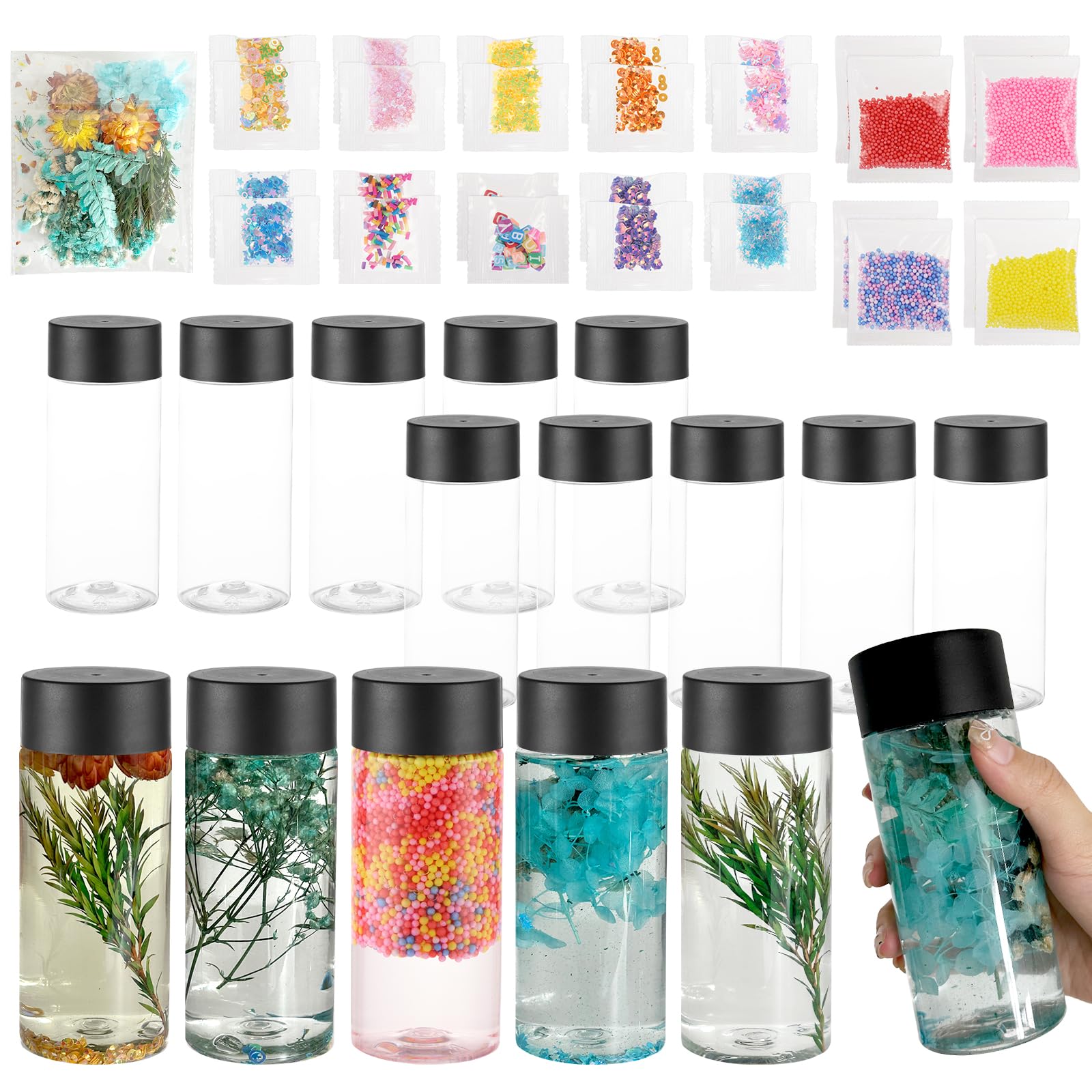 YEXEXINM 16pcs Empty Sensory Bottles Kits, 300 ml Leakproof Clear Plastic Sensory Bottle with Lids with Sequins Accessories, Reusable Water Bottles for Sensory Crafts Handmade Party Supply