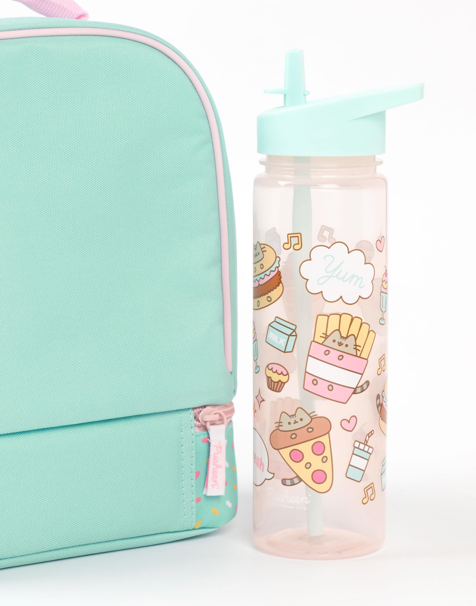 Pusheen le sac à lunch, la boîte à lunch et l'ensemble de bouteilles de boissons le chat à la menthe | Snack Attack Polkadot Ensemble déjeuner scolaire pour filles | Bouteille d'eau transparente