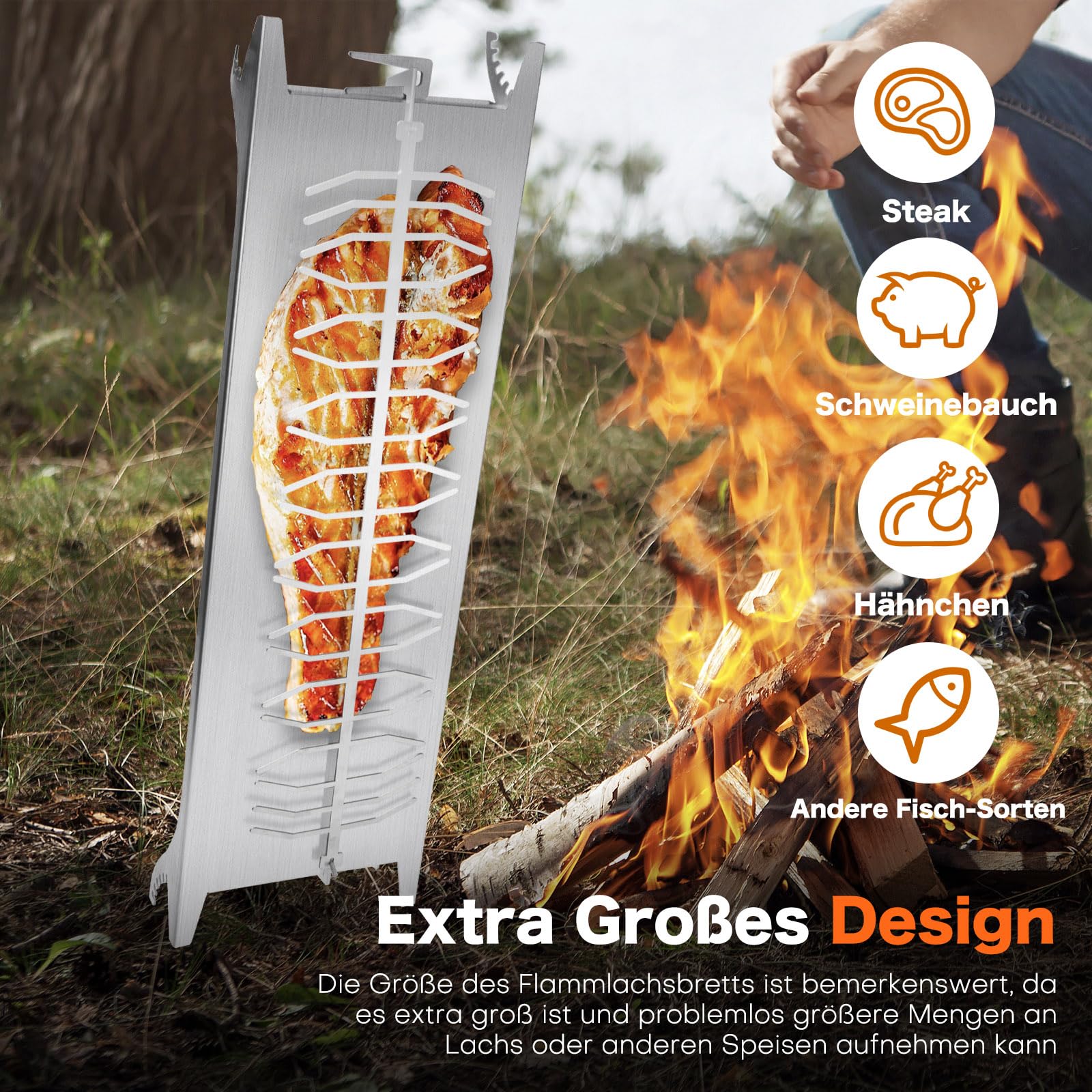 Flammlachsbrett Edelstahl mit Halterung 58 * 18 * 5cm Extra Groß, 5 Stufen Winkelsystem | 20 Fischfilethalterung Flammlachs Fisch Flammlachsbretter für Feuerschalen Grillpartys Camping