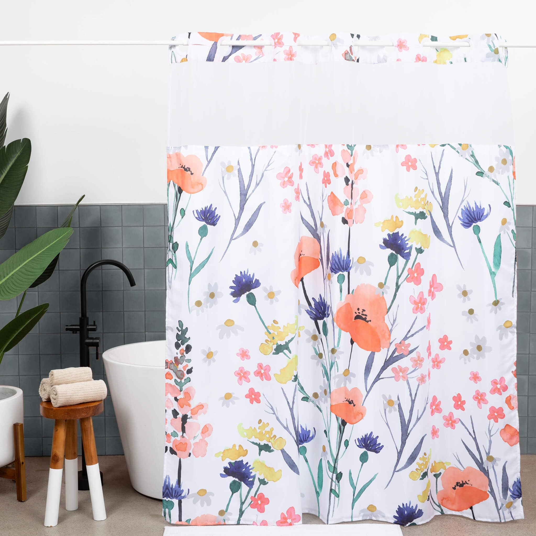 Riley Evans No Hook Shower Curtains with Snap in Liner 74"x71" - Bathroom Curtains with See-Through Top - Magnet Crafted with Water-Repellent Polyester - Meadow Charm Shower Curtains with Split Rings