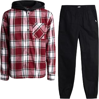 Boys' Pants Set - 2 Piece Hooded Flannel Plaid Button Down Shirt and Jogger Pants - Matching Outfit Set for Boys (4-12)