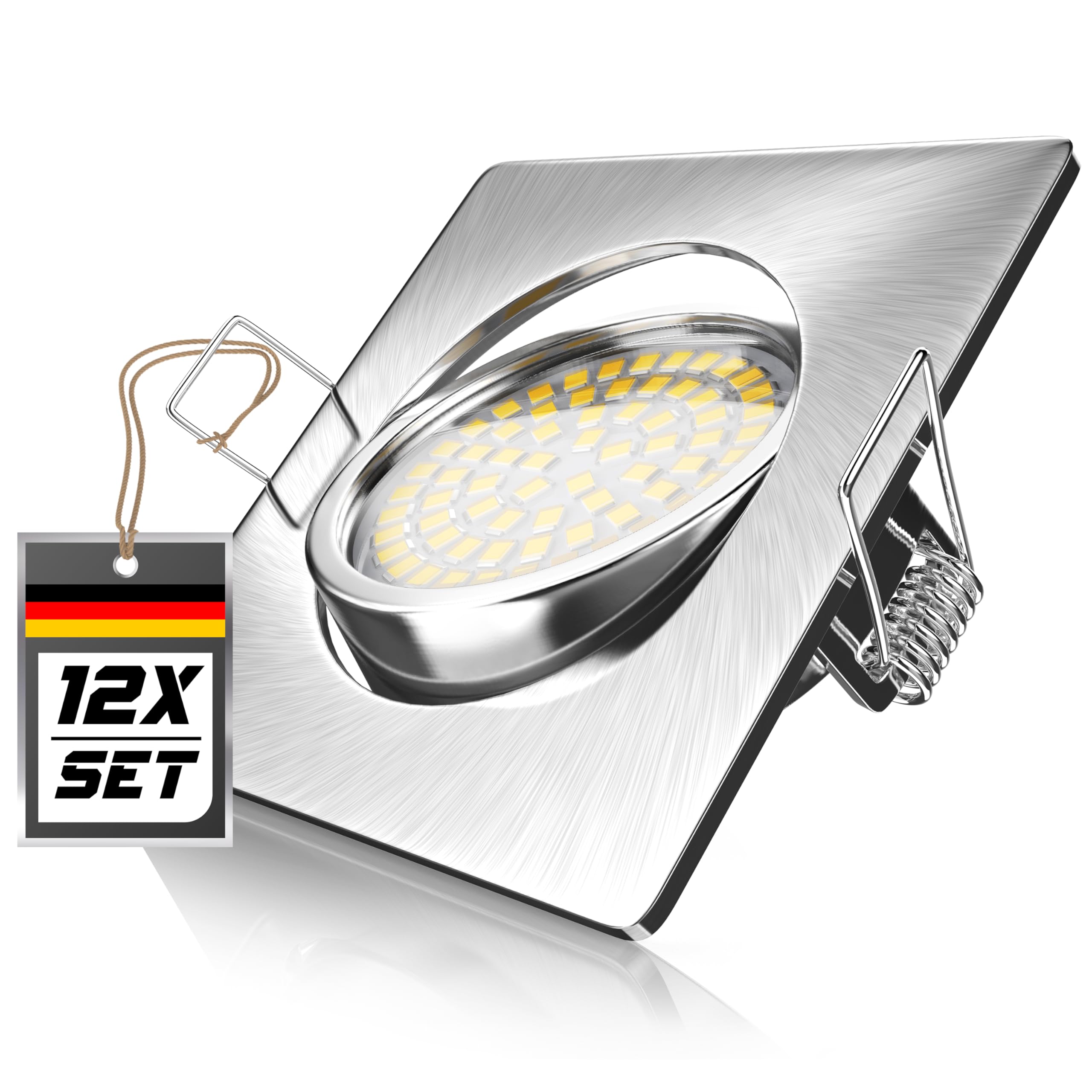 Brandson - 12 x Set Ultra Flach LED Deckenspot eckig warmweiß schwenkbar - Einbauleuchte - Einbauspot Deckenstrahler - Slim Aluminium Druckgussrahmen Edelstahl Optik