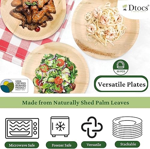 Miniatura 5 de Dtocs Platos de hoja de palma redondos de 6 pulgadas (50) | Platos de bambú desechables de aspecto compostable para cócteles, aperitivos, postres,