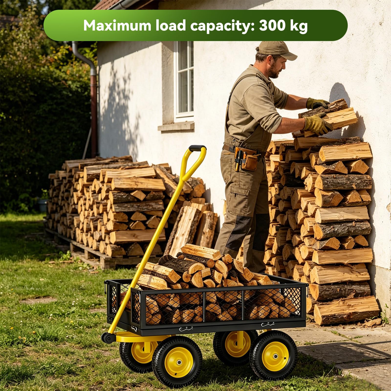 Carrito de jardín (300 kg, 4 ruedas, remolque exterior con asa giratoria 180° y laterales desmontables