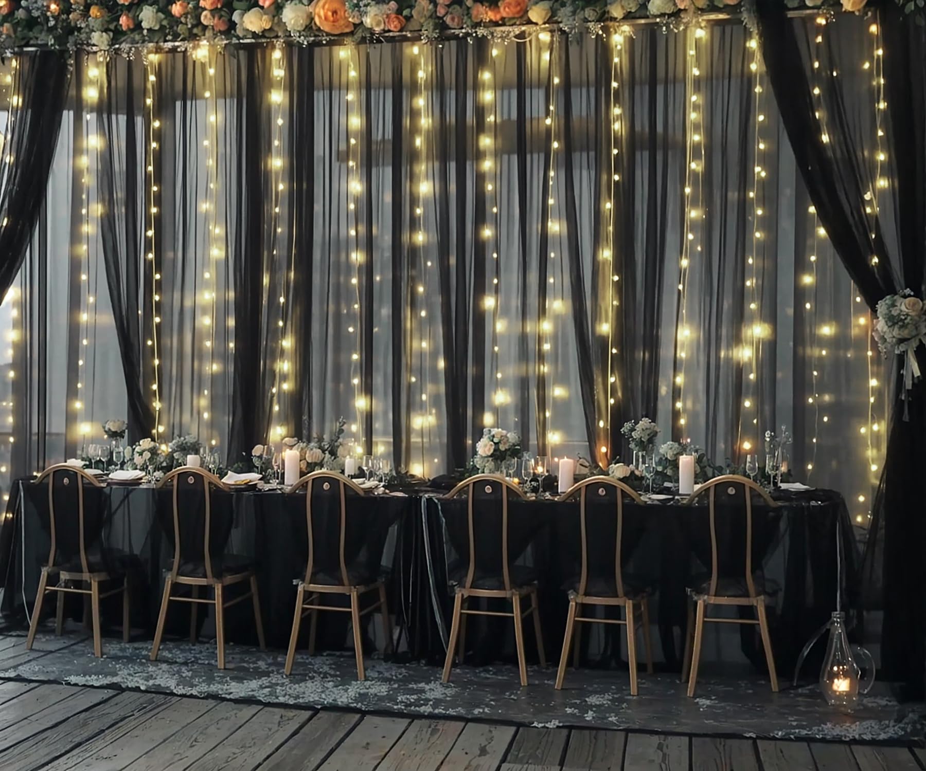 Czarne tiulowe tło fotograficzne ze sznurkiem świetlnym na imprezy, przezroczysta czarna zasłona na przyjęcie urodzinowe, baby shower, ślub, fotobudka, dekoracje tła fotograficznego, 6 m x 3 m