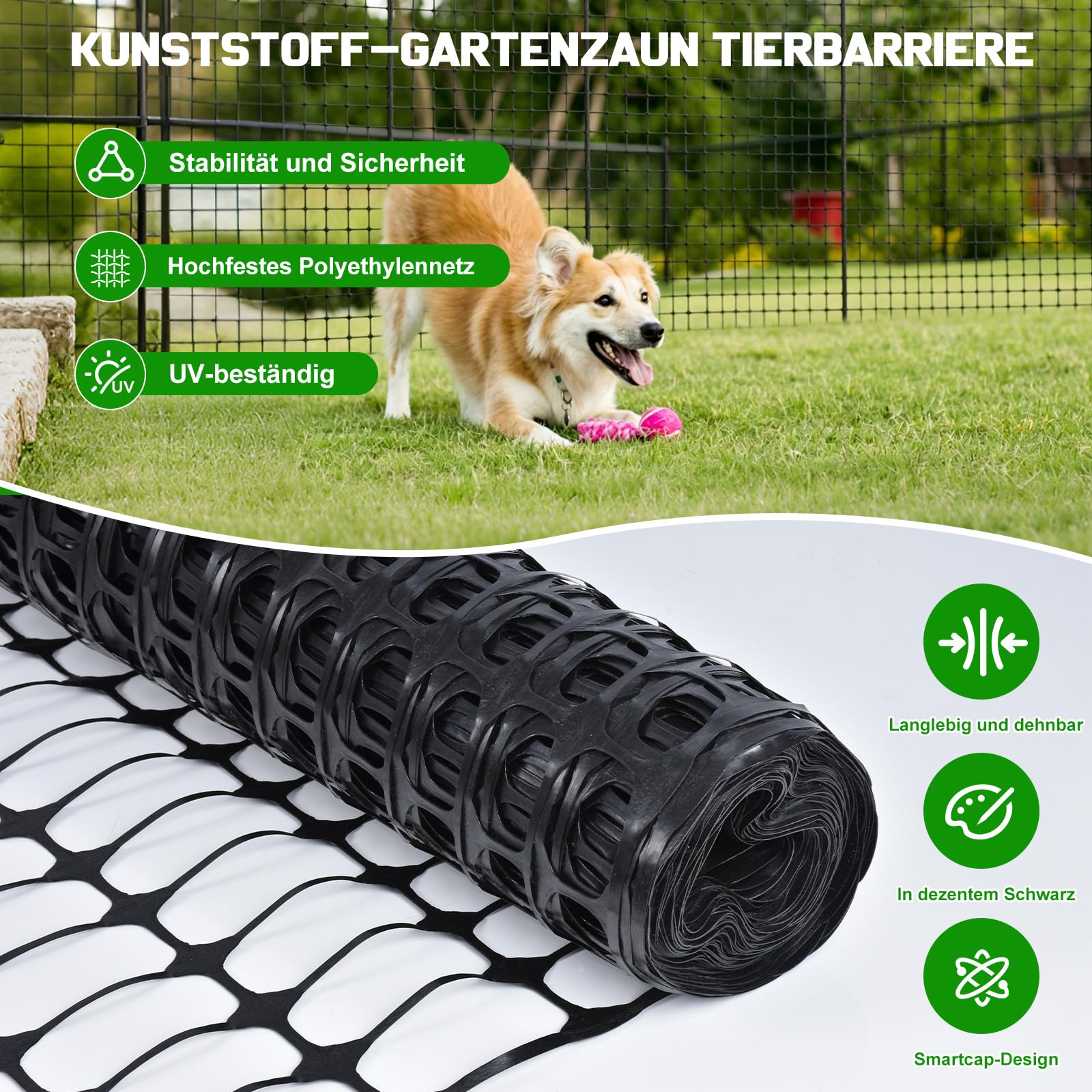 Mobiler Begrenzungszaun 100 cm hoch – 30 m Steckzaun mit 25 Pfählen, ohne Strom, engmaschig, grün | Hunde- & Hühnerzaun, Campingzaun