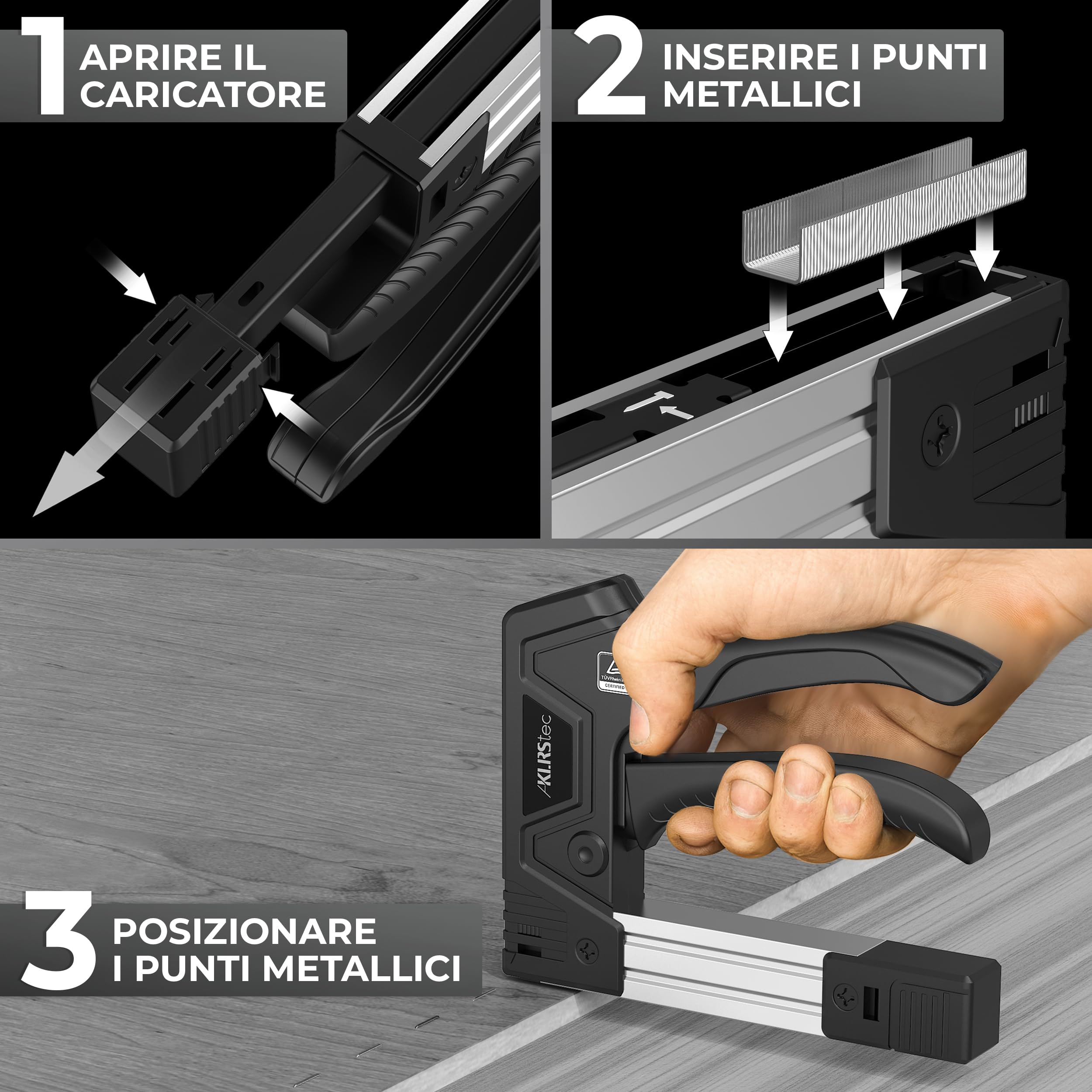 KLRStec TackPro Cucitrice Manuale – Pistola Sparapunti a Trazione – Sparapunti per Legno e Tessuti – Set con 2000 Punti Tipo D & T – Ergonomica, Potente e Resistente