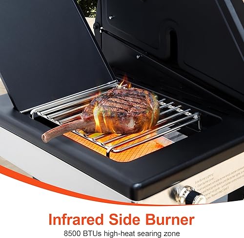 Miniatura 3 de Brand-Man - Parrilla de propano de 6 quemadores con quemador lateral infrarrojo y rejilla y placa de hierro fundido esmaltado de porcelana, parrilla