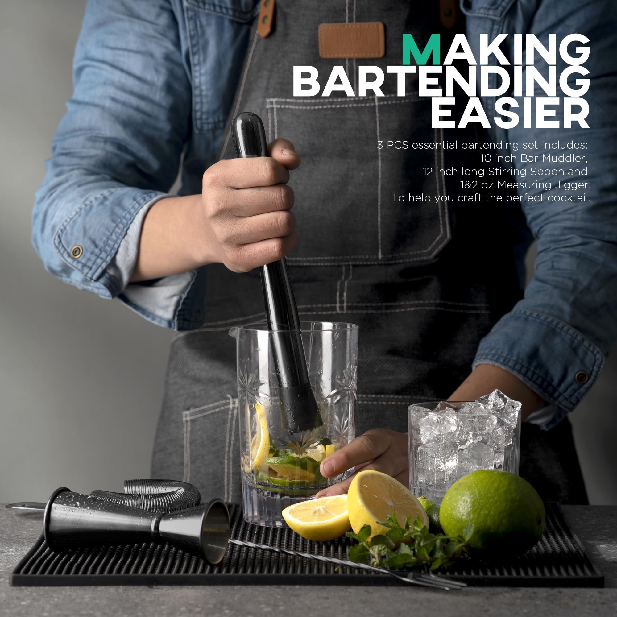 Juego de 3 herramientas de mezcla y muddler negro, 10 pulgadas, cuchara de cóctel de 12 pulgadas y doble jigger de 1 onza/2 onzas, juego de herramientas de barra para bebidas, accesorios de 2