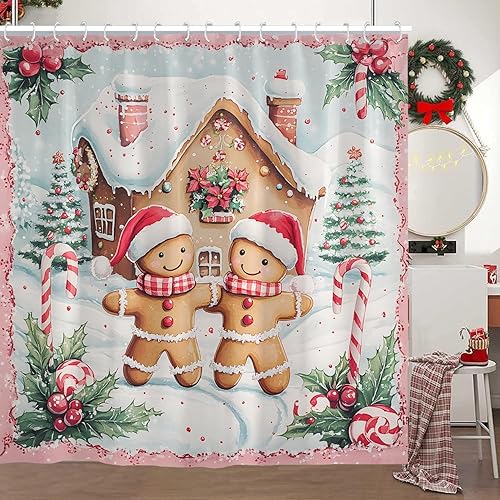 Miniatura 4 de Cortinas de ducha de Feliz Navidad para baño, 72 x 72 pulgadas, borde rosa, pan de jengibre, casa de árbol, decoración de invierno, rústico, retro,