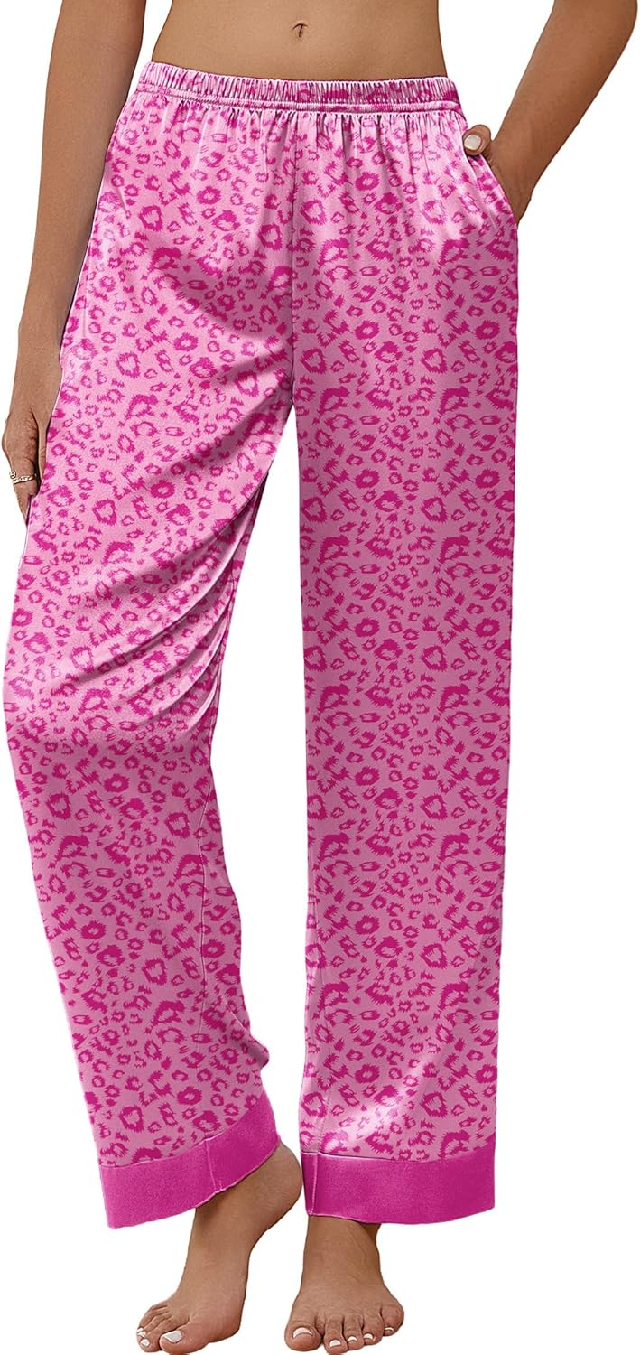 Ekouaer Women Silk Satin Pajama Pants, Color Block Loose Lounge Pants Elastic Waist Pj Bottoms with Pockets