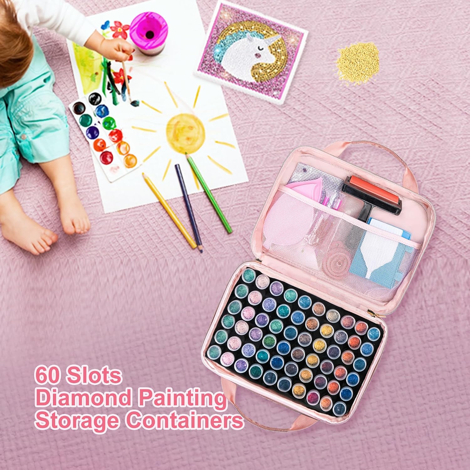 Leudes Diamond Painting Storage Containers, 60 Slots Bead Storage Box for Diamond Art Kits Accessories Organizer Case (Only Bottles and Bag) (Pink-2(60 Jars))